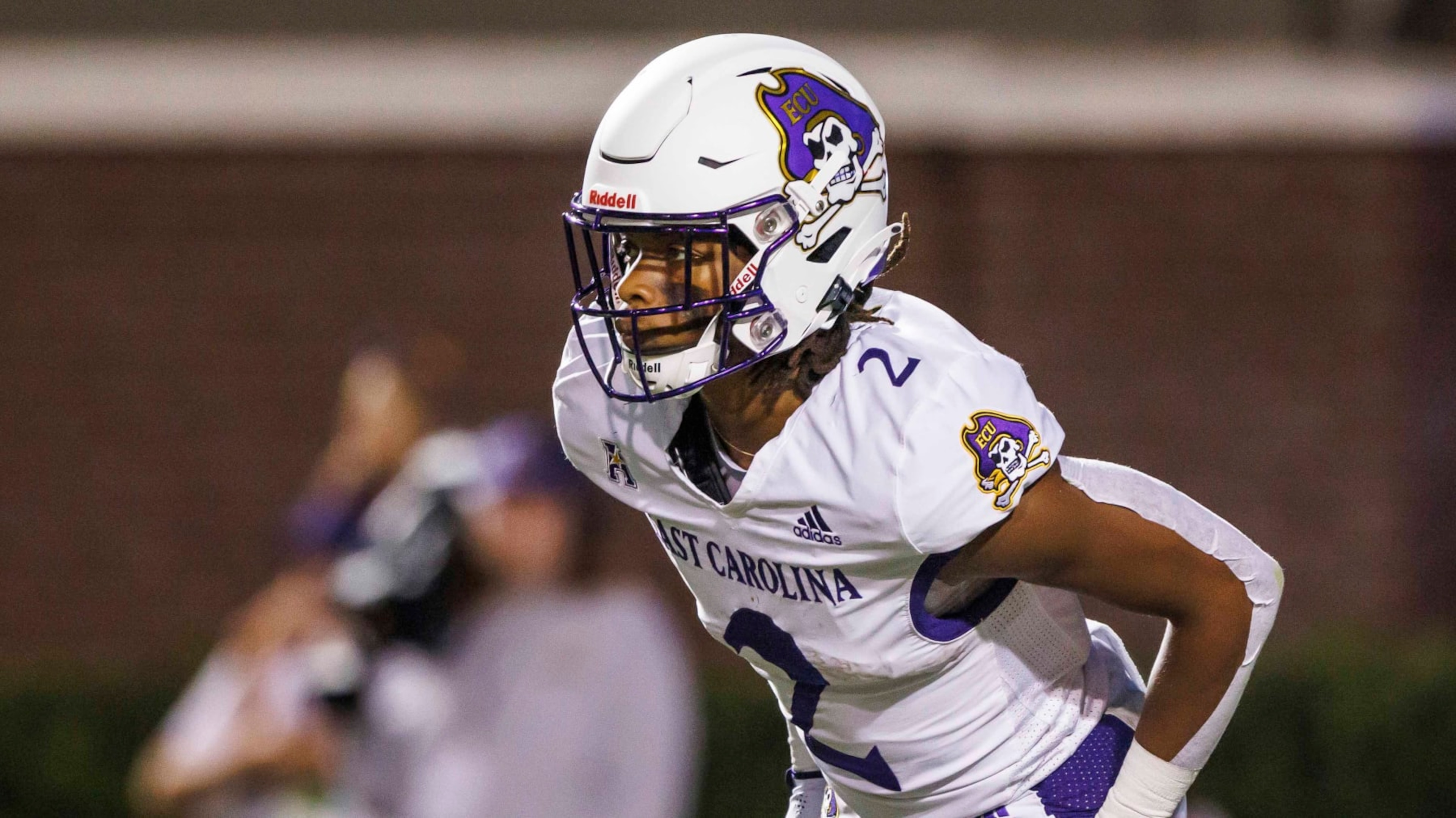 East Carolina's Keaton Mitchell (2) prepares to receive a kick during an NCAA football game on Saturday, Oct. 2, 2021, in Raleigh, N.C. (AP Photo/Ben McKeown)