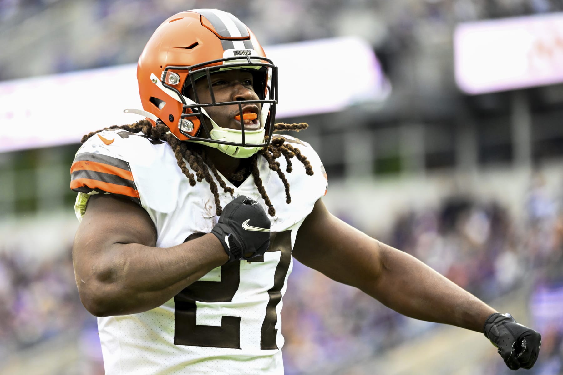 Cleveland Browns running back Kareem Hunt (27) celebrates his second half touchdown during a NFL football game against the Baltimore Ravens, Sunday, Oct. 23, 2022, in Baltimore. (AP Photo/Terrance Williams)