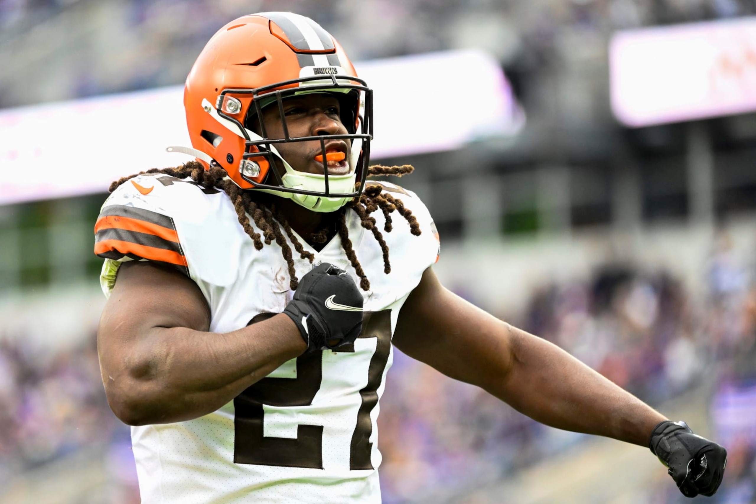 Cleveland Browns running back Kareem Hunt (27) celebrates his second half touchdown during a NFL football game against the Baltimore Ravens, Sunday, Oct. 23, 2022, in Baltimore. (AP Photo/Terrance Williams)