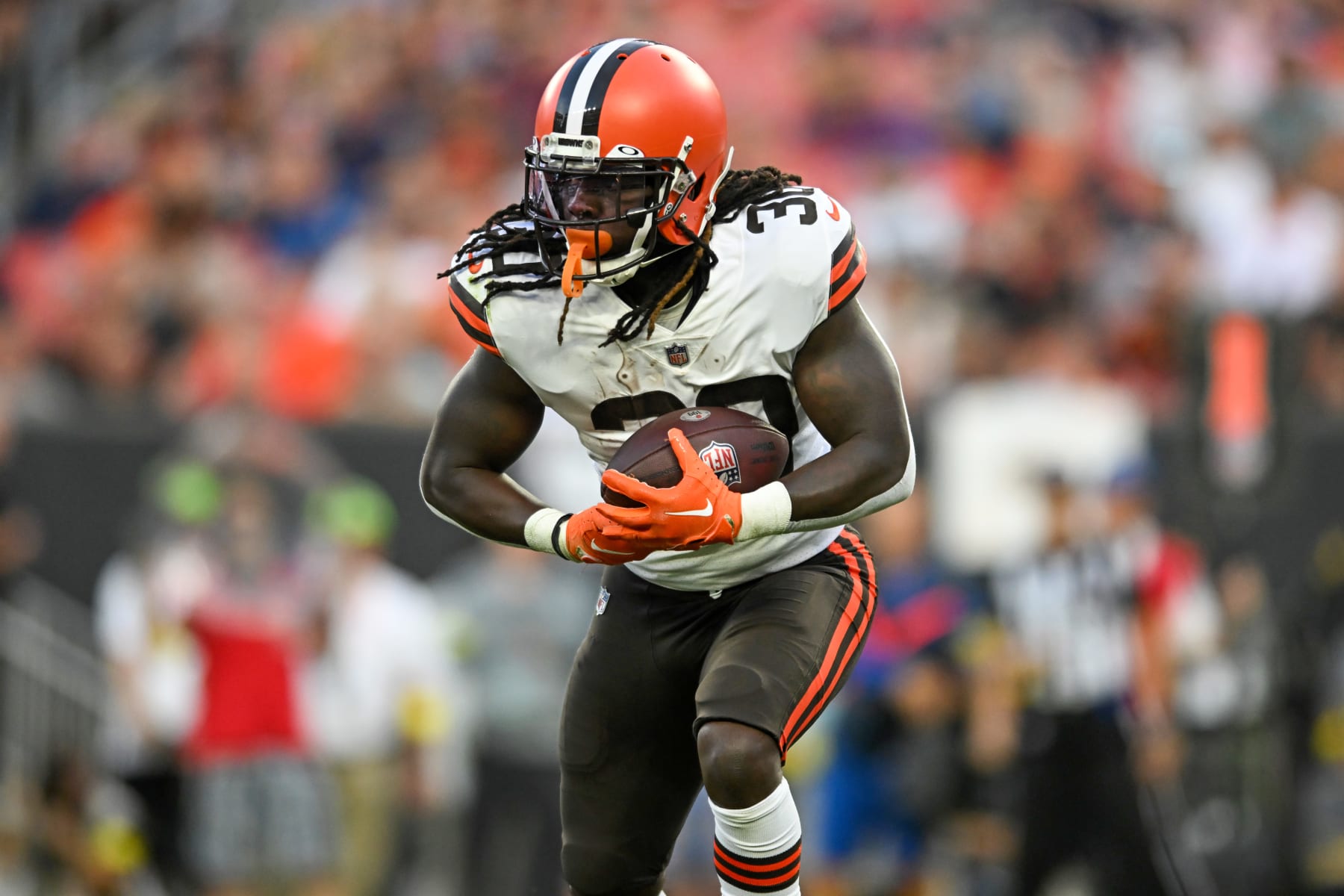 CLEVELAND, OH - AUGUST 27: D'Ernest Johnson #30 of the Cleveland Browns carries the ball during the first half of a preseason game against the Chicago Bears at FirstEnergy Stadium on August 27, 2022 in Cleveland, Ohio. (Photo by Nick Cammett/Diamond Images via Getty Images)