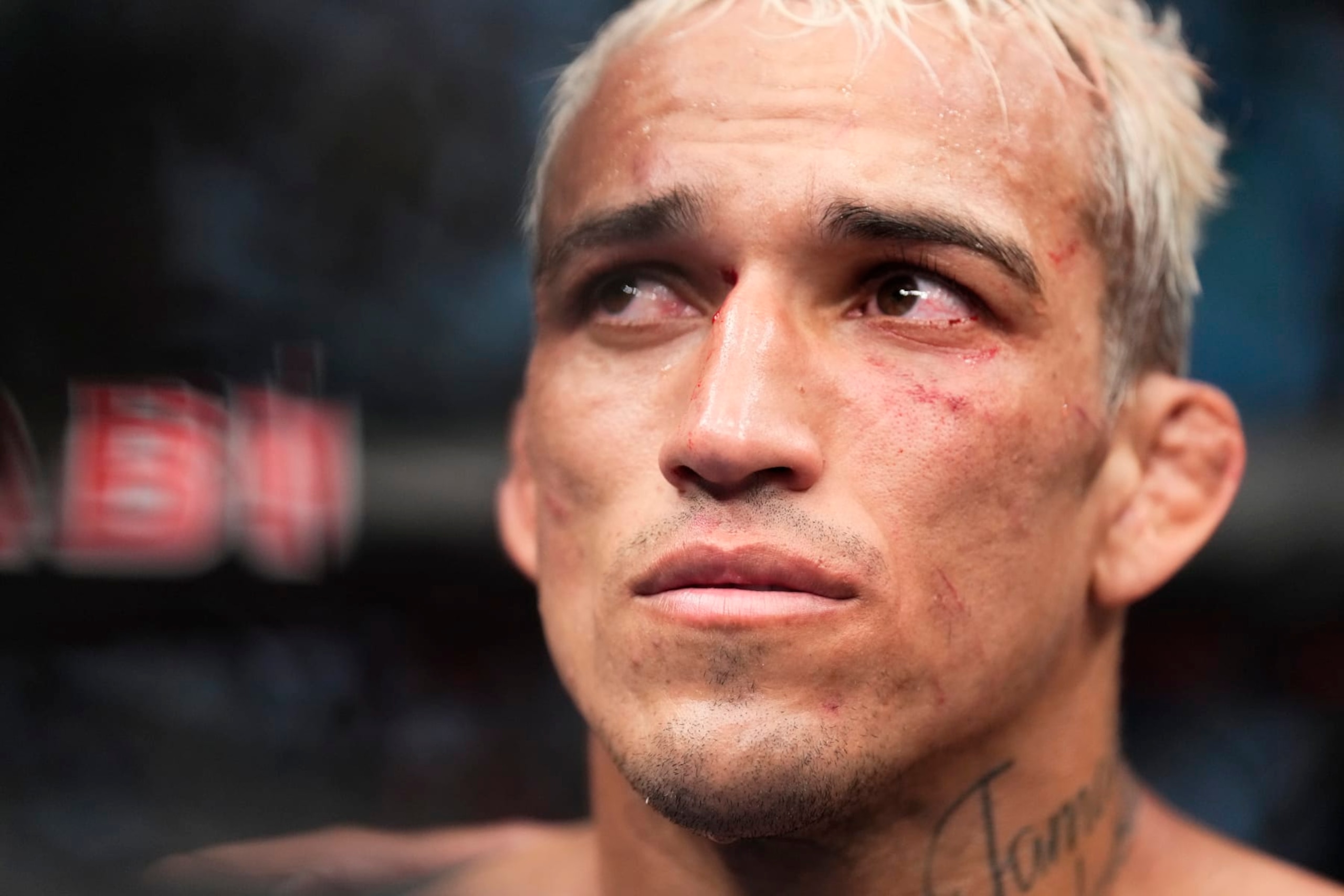 ABU DHABI, UNITED ARAB EMIRATES - OCTOBER 22: Charles Oliveira of Brazil reacts after his loss to Islam Makhachev of Russia in their UFC lightweight championship fight during the UFC 280 event at Etihad Arena on October 22, 2022 in Abu Dhabi, United Arab Emirates. (Photo by Chris Unger/Zuffa LLC)