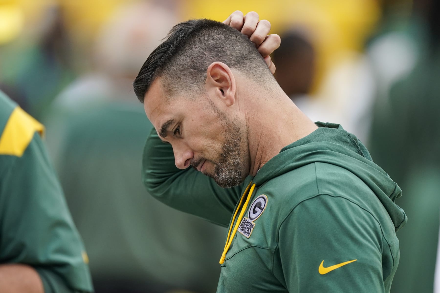 Green Bay Packers head coach Matt LaFleur reacts during the second half of an NFL football game against the Washington Commanders, Sunday, Oct. 23, 2022, in Landover, Md. (AP Photo/Patrick Semansky)
