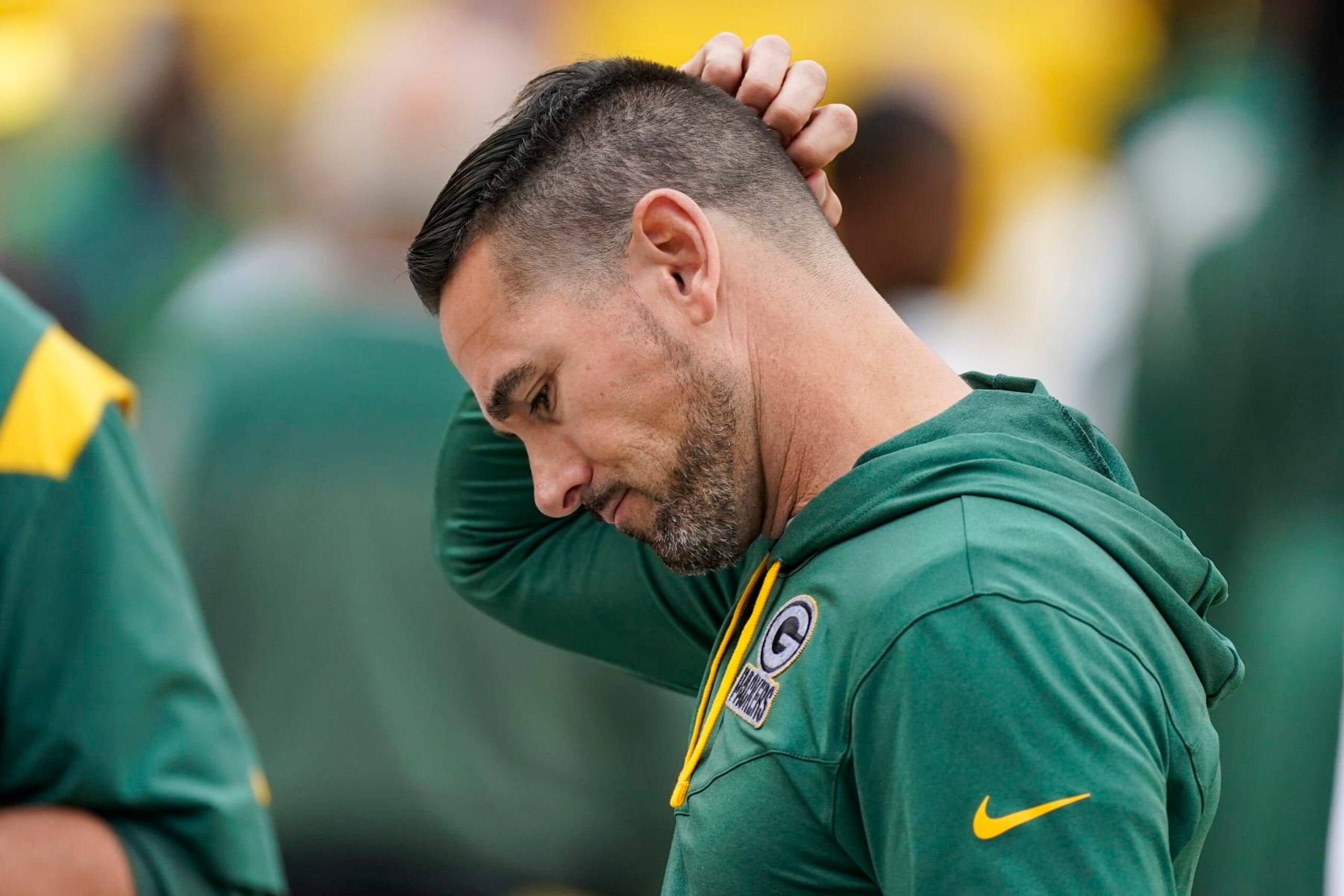 Green Bay Packers head coach Matt LaFleur reacts during the second half of an NFL football game against the Washington Commanders, Sunday, Oct. 23, 2022, in Landover, Md. (AP Photo/Patrick Semansky)
