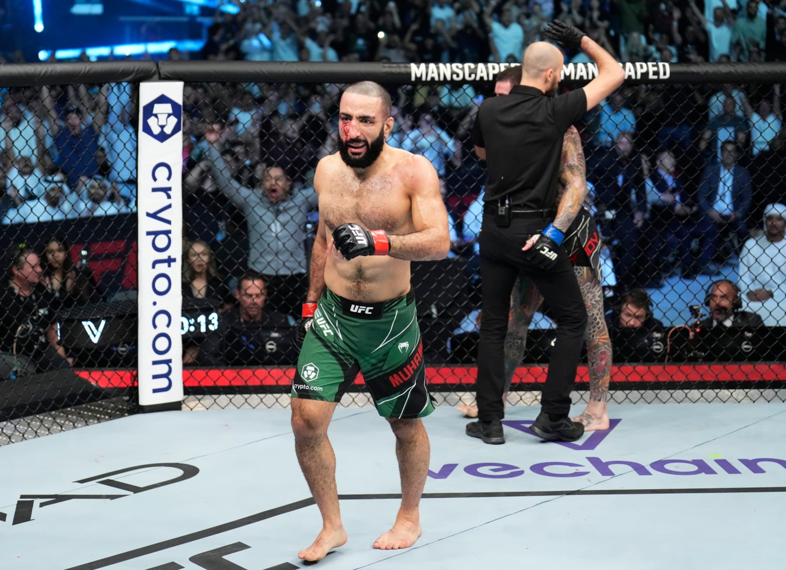 ABU DHABI, UNITED ARAB EMIRATES - OCTOBER 22: Belal Muhammad reacts after his TKO victory over Sean Brady in a welterweight fight during the UFC 280 event at Etihad Arena on October 22, 2022 in Abu Dhabi, United Arab Emirates. (Photo by Chris Unger/Zuffa LLC)