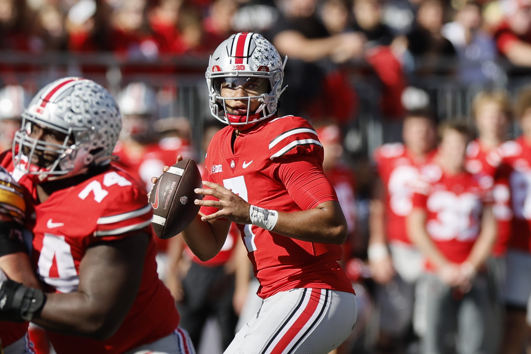 Ohio State quarterback C.J. Stroud plays against Iowa during an NCAA college football game Saturday, Oct. 22, 2022, in Columbus, Ohio. (AP Photo/Jay LaPrete)