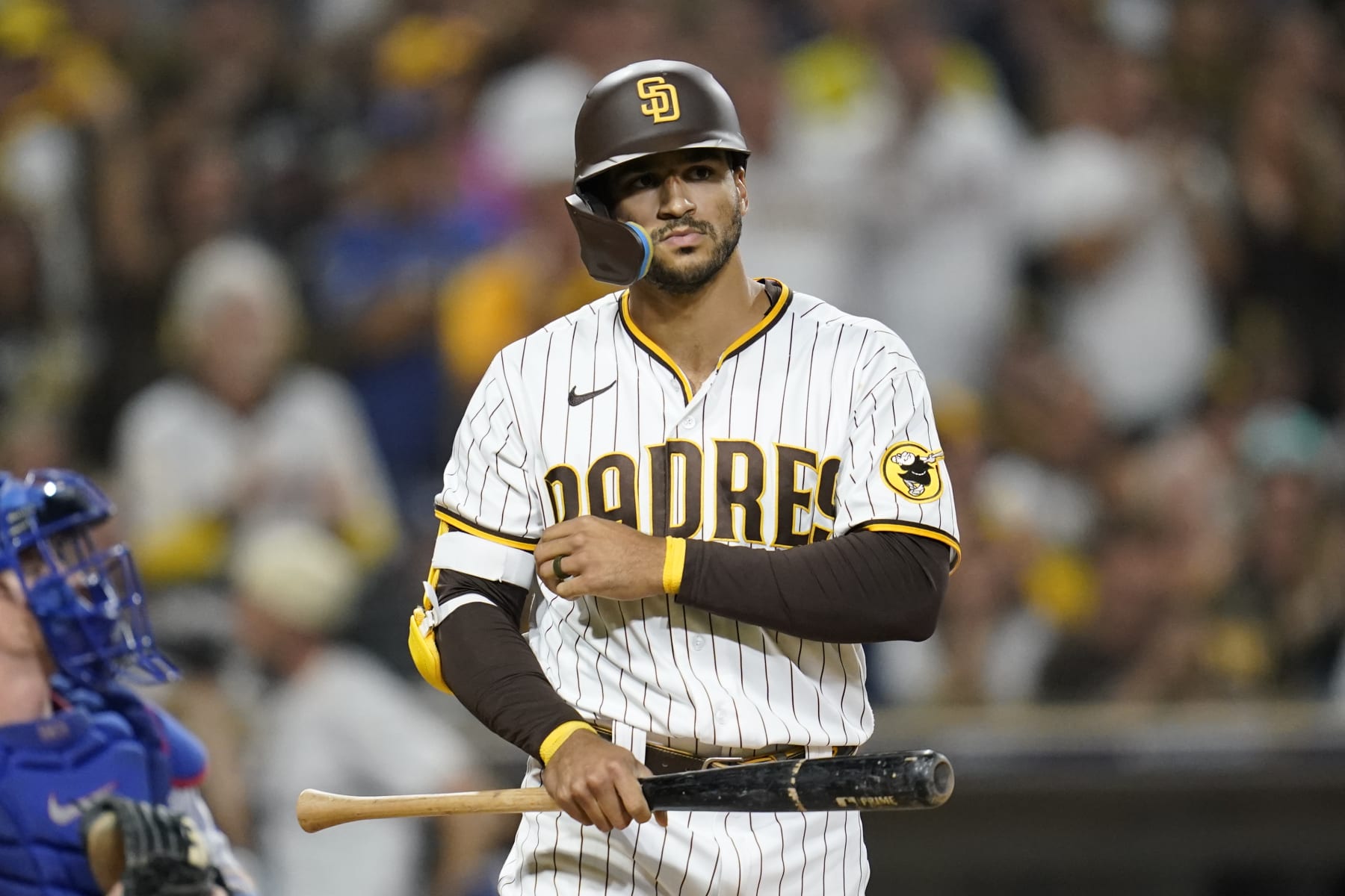San Diego Padres' Trent Grisham batting during the third inning in Game 4 of a baseball NL Division Series against the Los Angeles Dodgers, Saturday, Oct. 15, 2022, in San Diego. (AP Photo/Ashley Landis)