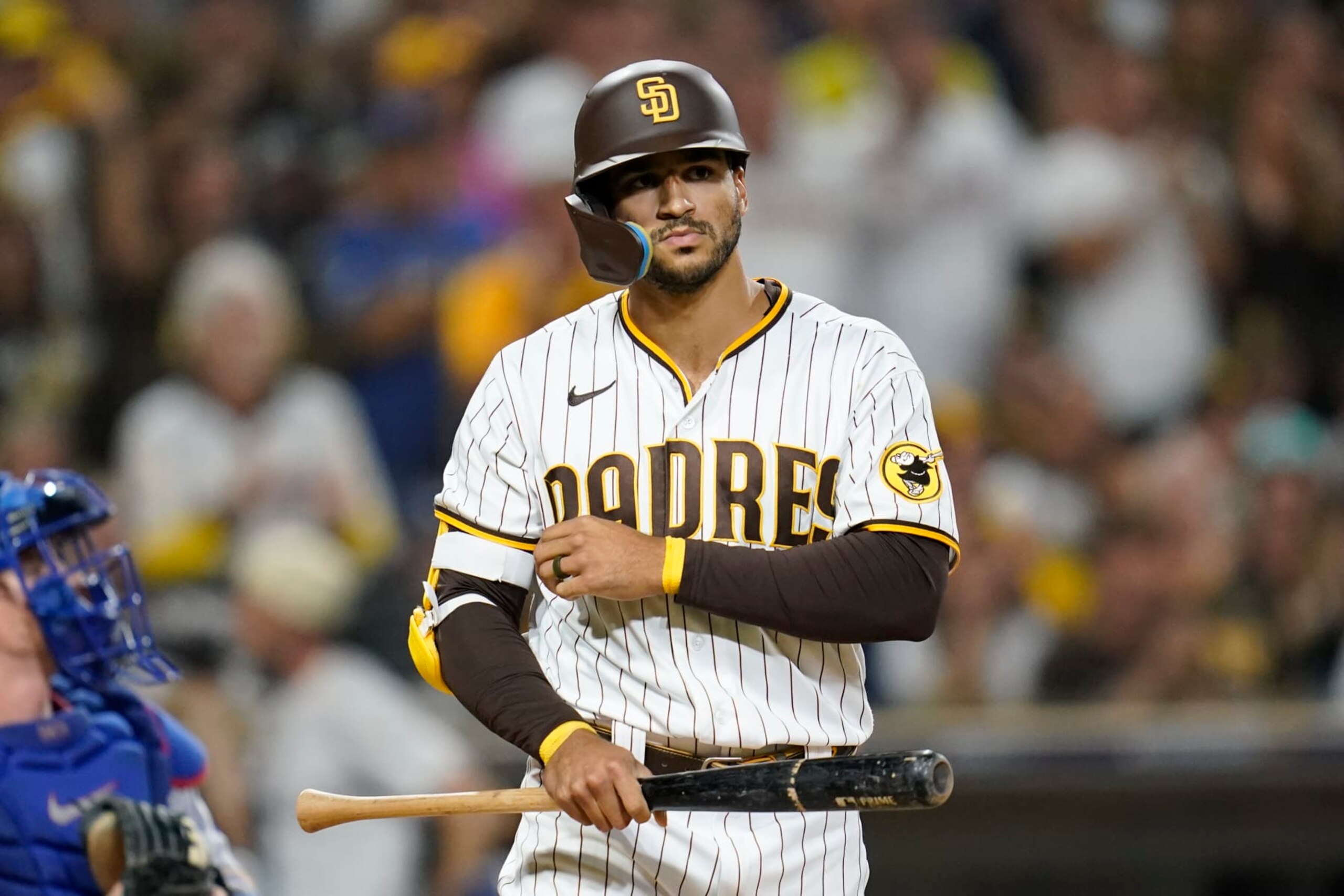 San Diego Padres' Trent Grisham batting during the third inning in Game 4 of a baseball NL Division Series against the Los Angeles Dodgers, Saturday, Oct. 15, 2022, in San Diego. (AP Photo/Ashley Landis)