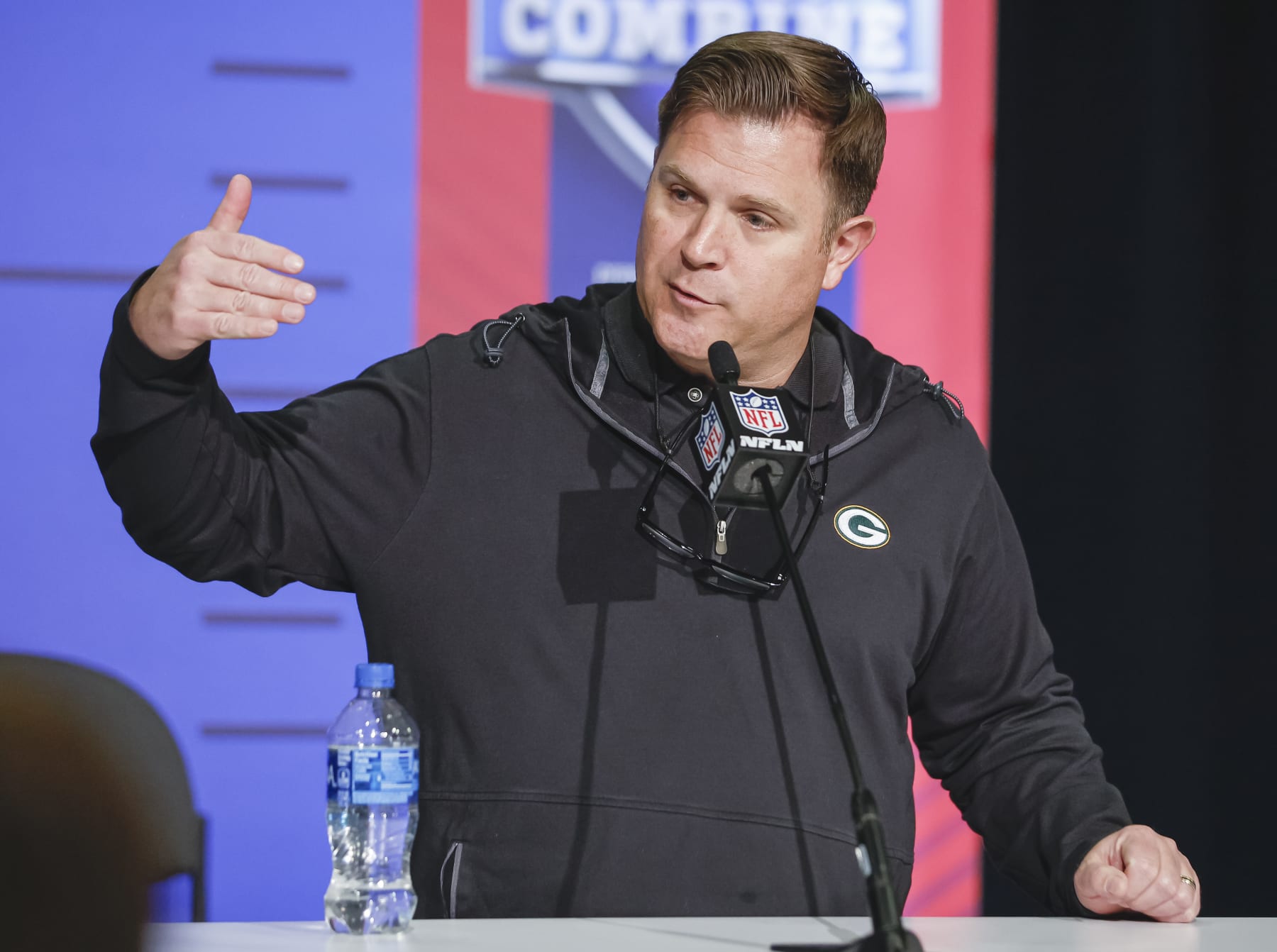 INDIANAPOLIS, IN - MAR 01: Brian Gutekunst, general manager of the Green Bay Packers speaks to reporters during the NFL Draft Combine at the Indiana Convention Center on March 1, 2022 in Indianapolis, Indiana. (Photo by Michael Hickey/Getty Images)