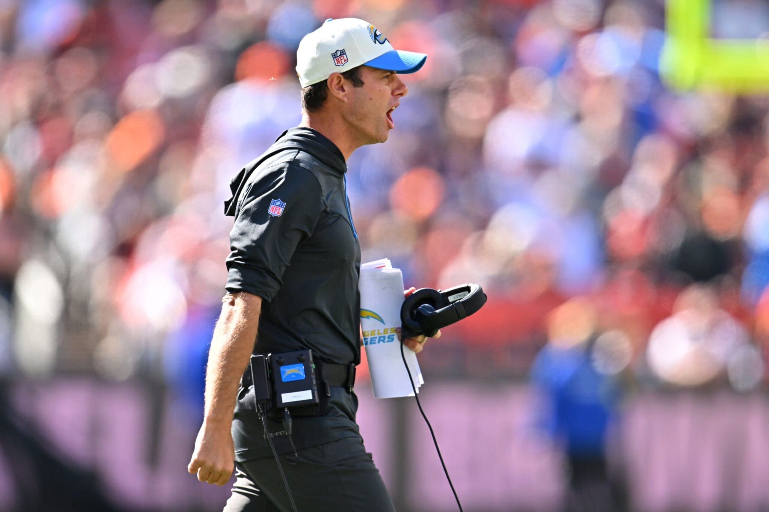 CLEVELAND, OHIO - OCTOBER 09: Head coach Brandon Staley of the Los Angeles Chargers celebrates after a touchdown during the first half against the Cleveland Browns at FirstEnergy Stadium on October 09, 2022 in Cleveland, Ohio. (Photo by Jason Miller/Getty Images)