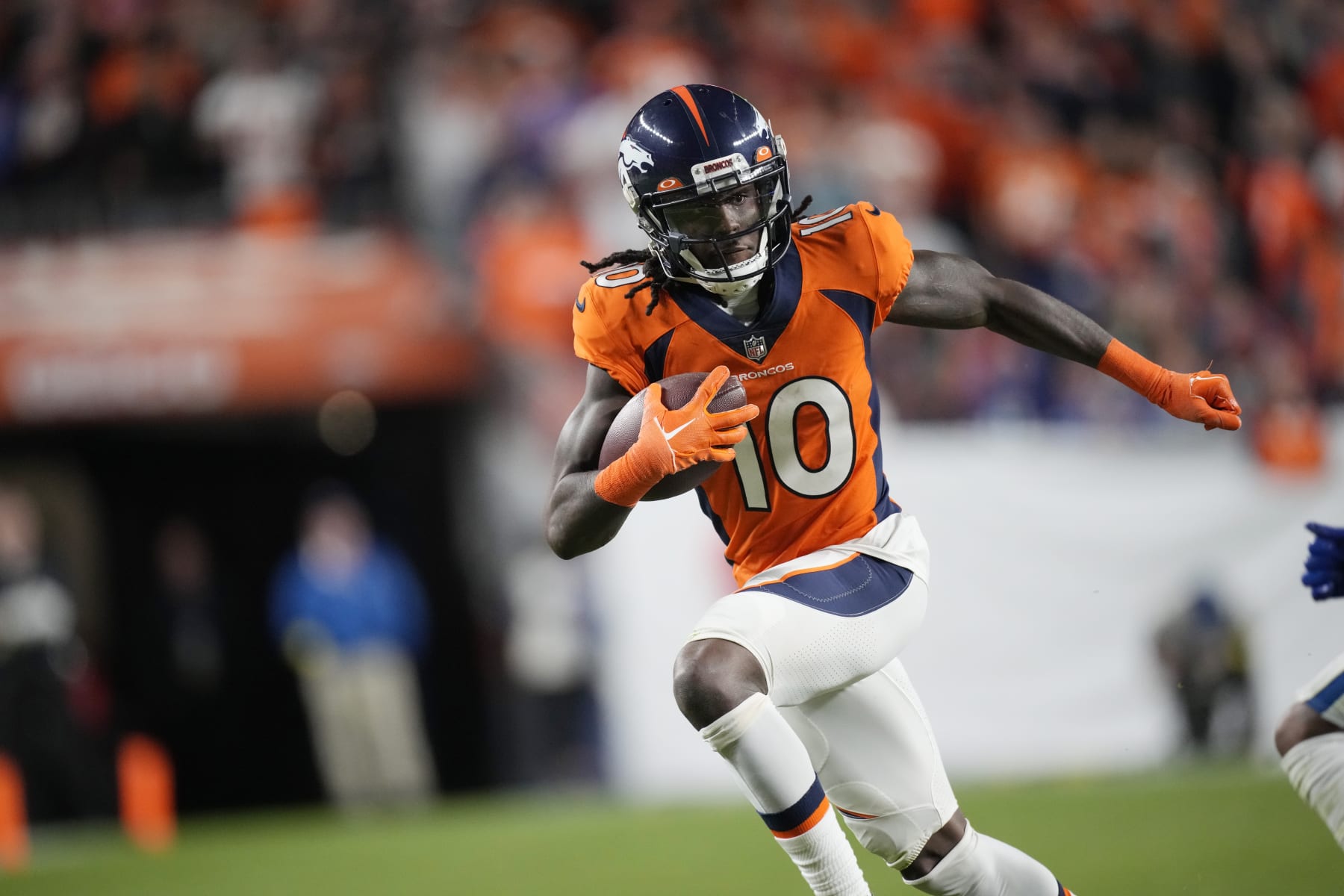 Denver Broncos wide receiver Jerry Jeudy (10) in overtime of an NFL football game Thursday, Oct. 6, 2022, in Denver. (AP Photo/David Zalubowski)