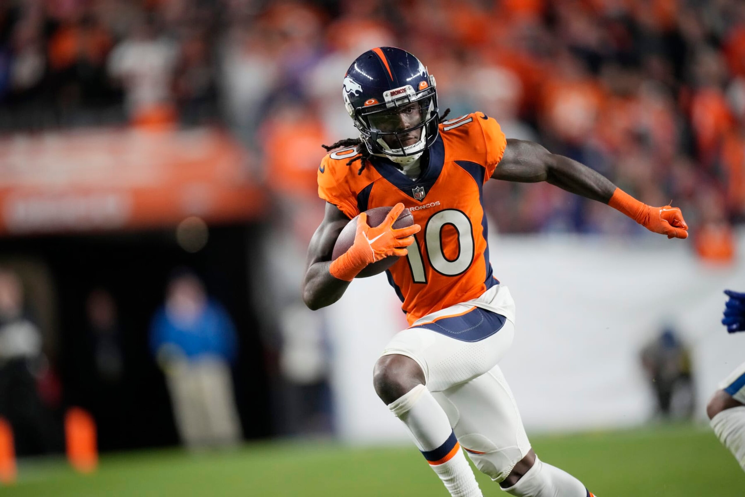 Denver Broncos wide receiver Jerry Jeudy (10) in overtime of an NFL football game Thursday, Oct. 6, 2022, in Denver. (AP Photo/David Zalubowski)