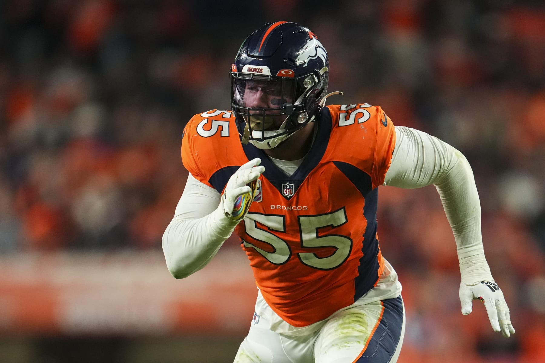 DENVER, CO - OCTOBER 06: Bradley Chubb #55 of the Denver Broncos defends against the Indianapolis Colts at Empower Field at Mile High on October 6, 2022 in Denver, Texas. (Photo by Cooper Neill/Getty Images)
