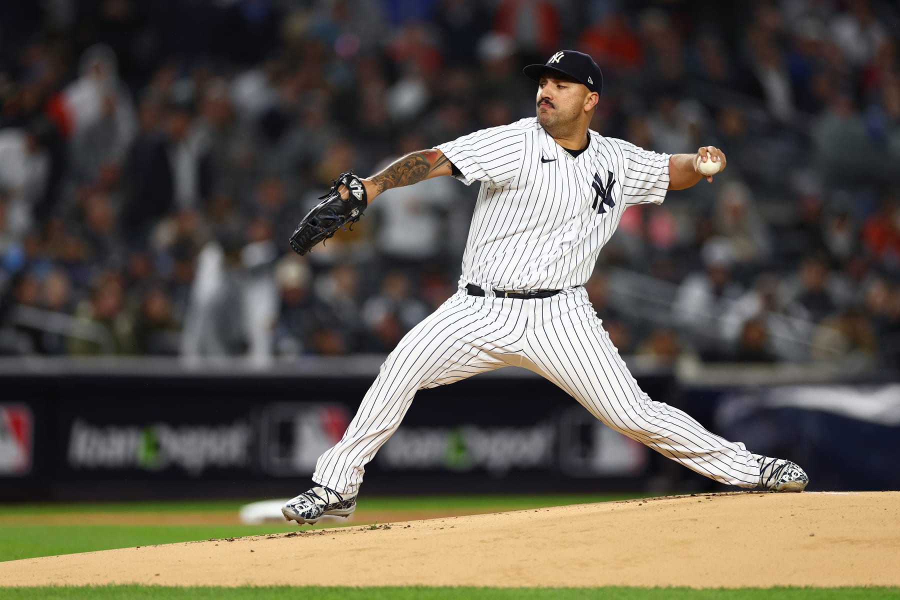 NEW YORK, NEW YORK - OCTOBER 23: Nestor Cortes #65 of the New York Yankees delivers during the first inning against the Houston Astros in game four of the American League Championship Series at Yankee Stadium on October 23, 2022 in the Bronx borough of New York City. (Photo by Elsa/Getty Images)