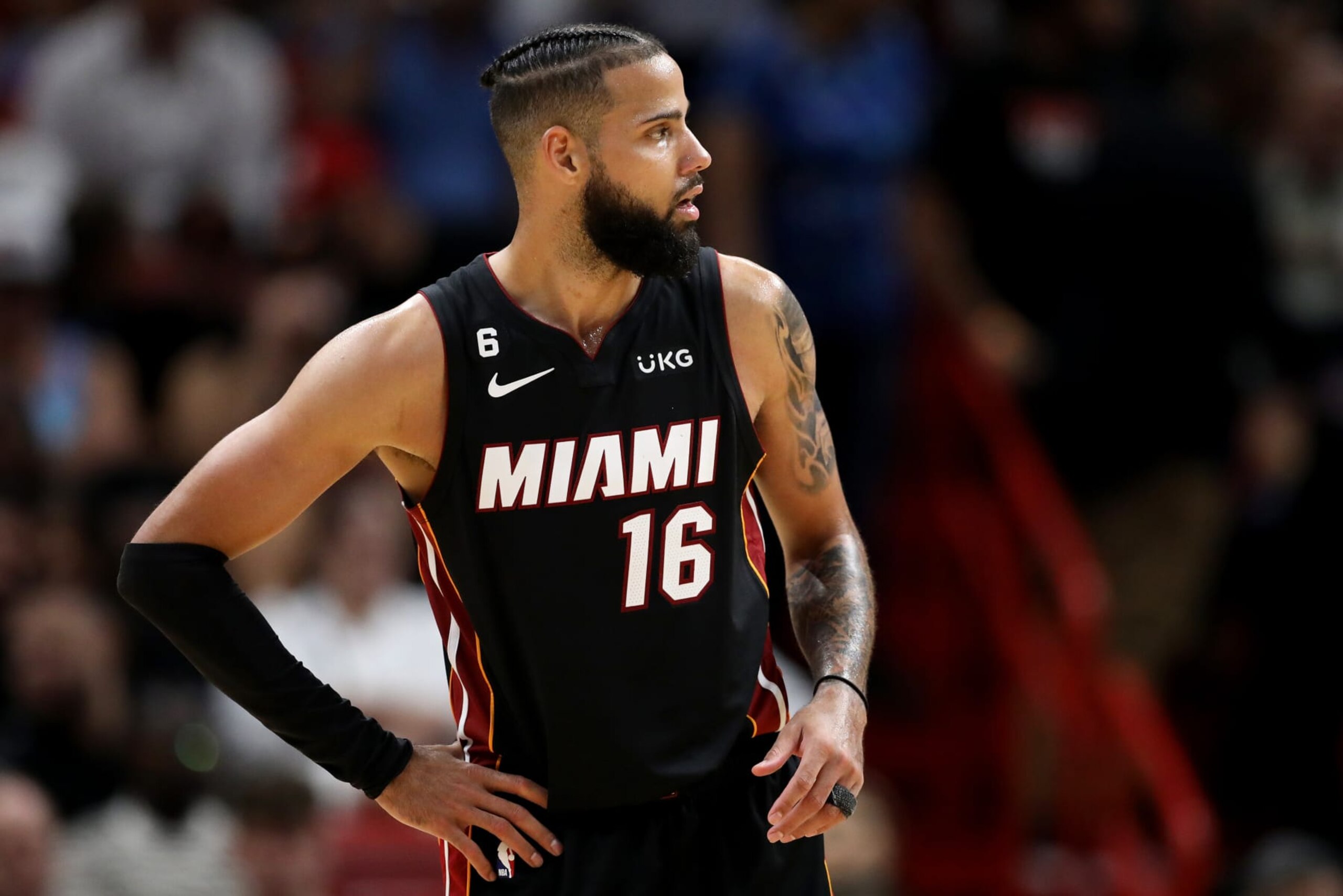 MIAMI, FLORIDA - OCTOBER 22: Caleb Martin #16 of the Miami Heat looks on after getting into an altercation with Christian Koloko #35 of the Toronto Raptors during the third quarter of the game at FTX Arena on October 22, 2022 in Miami, Florida. NOTE TO USER: User expressly acknowledges and agrees that, by downloading and or using this photograph, User is consenting to the terms and conditions of the Getty Images License Agreement. (Photo by Megan Briggs/Getty Images)