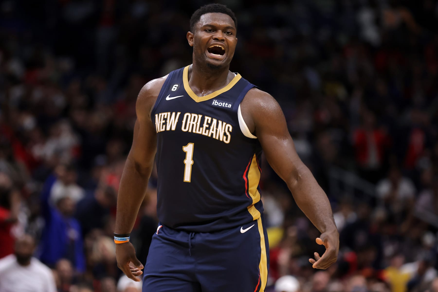 NEW ORLEANS, LOUISIANA - OCTOBER 23: Zion Williamson #1 of the New Orleans Pelicans reacts during the second half of a game against the Utah Jazz at the Smoothie King Center on October 23, 2022 in New Orleans, Louisiana. NOTE TO USER: User expressly acknowledges and agrees that, by downloading and or using this Photograph, user is consenting to the terms and conditions of the Getty Images License Agreement. (Photo by Jonathan Bachman/Getty Images)