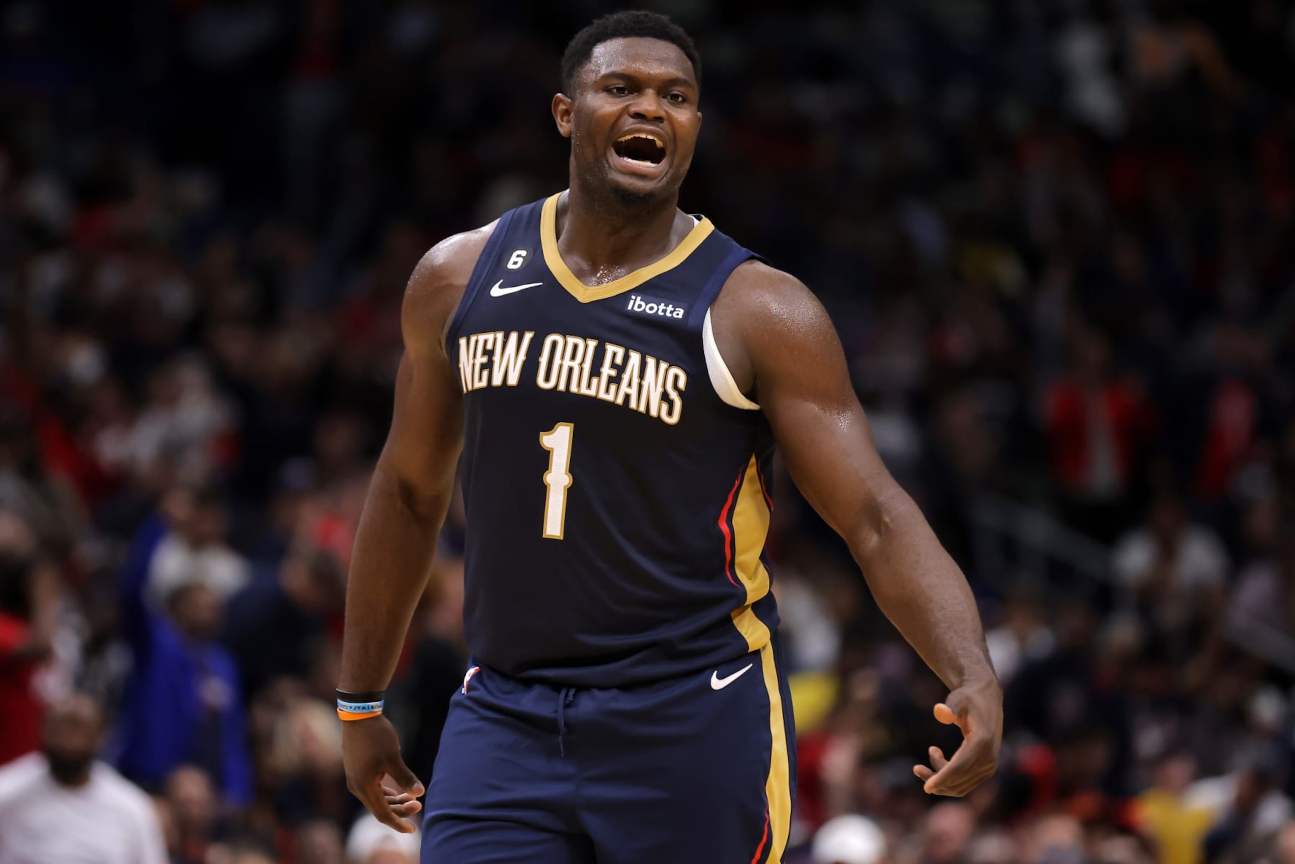 NEW ORLEANS, LOUISIANA - OCTOBER 23: Zion Williamson #1 of the New Orleans Pelicans reacts during the second half of a game against the Utah Jazz at the Smoothie King Center on October 23, 2022 in New Orleans, Louisiana. NOTE TO USER: User expressly acknowledges and agrees that, by downloading and or using this Photograph, user is consenting to the terms and conditions of the Getty Images License Agreement. (Photo by Jonathan Bachman/Getty Images)