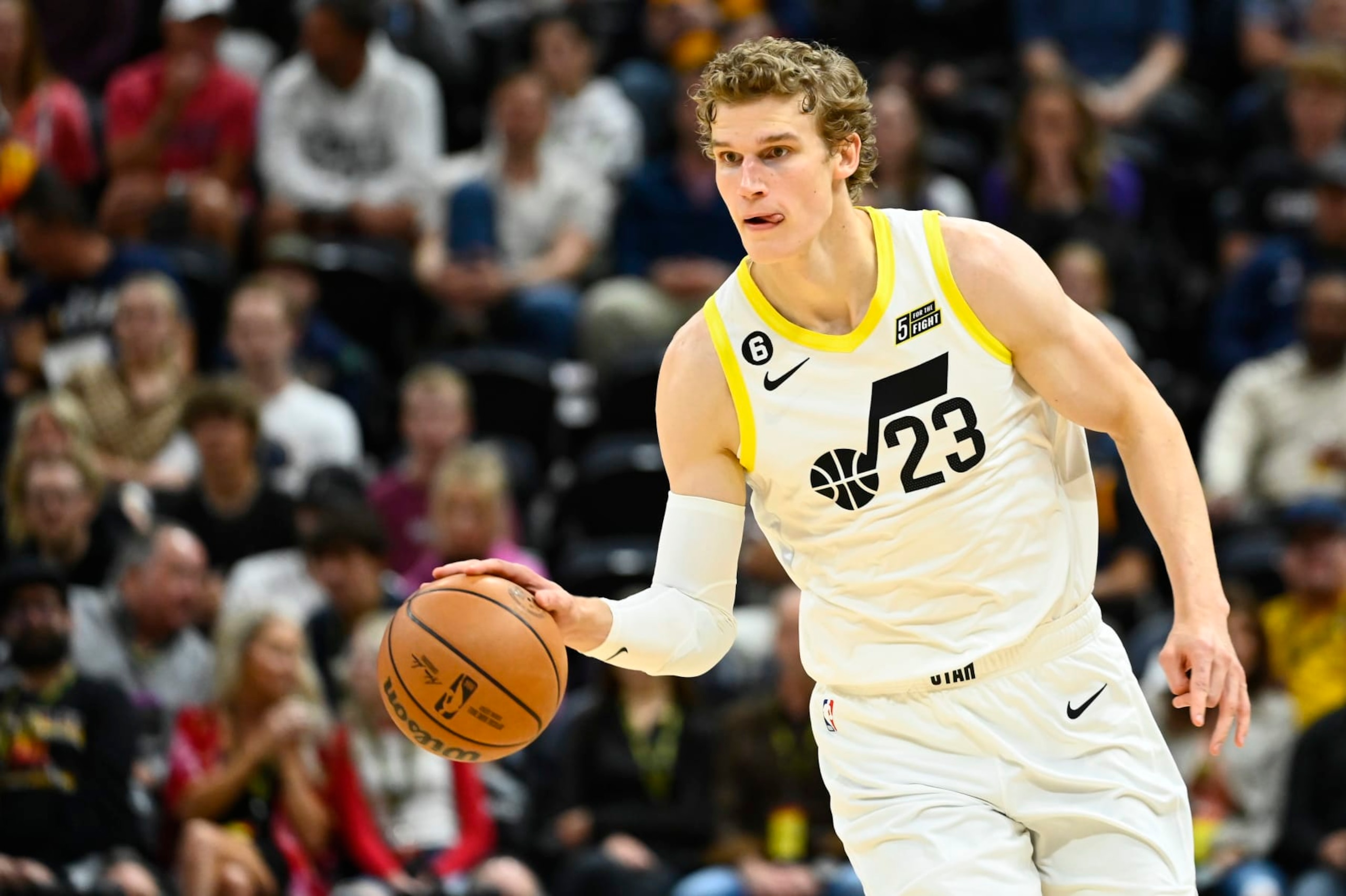 SALT LAKE CITY, UTAH - OCTOBER 14:  Lauri Markkanen #23 of the Utah Jazz in action during a preseason game against the Dallas Mavericks at Vivint Arena on October 14, 2022 in Salt Lake City, Utah. NOTE TO USER: User expressly acknowledges and agrees that, by downloading and or using this photograph, User is consenting to the terms and conditions of the Getty Images License Agreement. (Photo by Alex Goodlett/Getty Images)