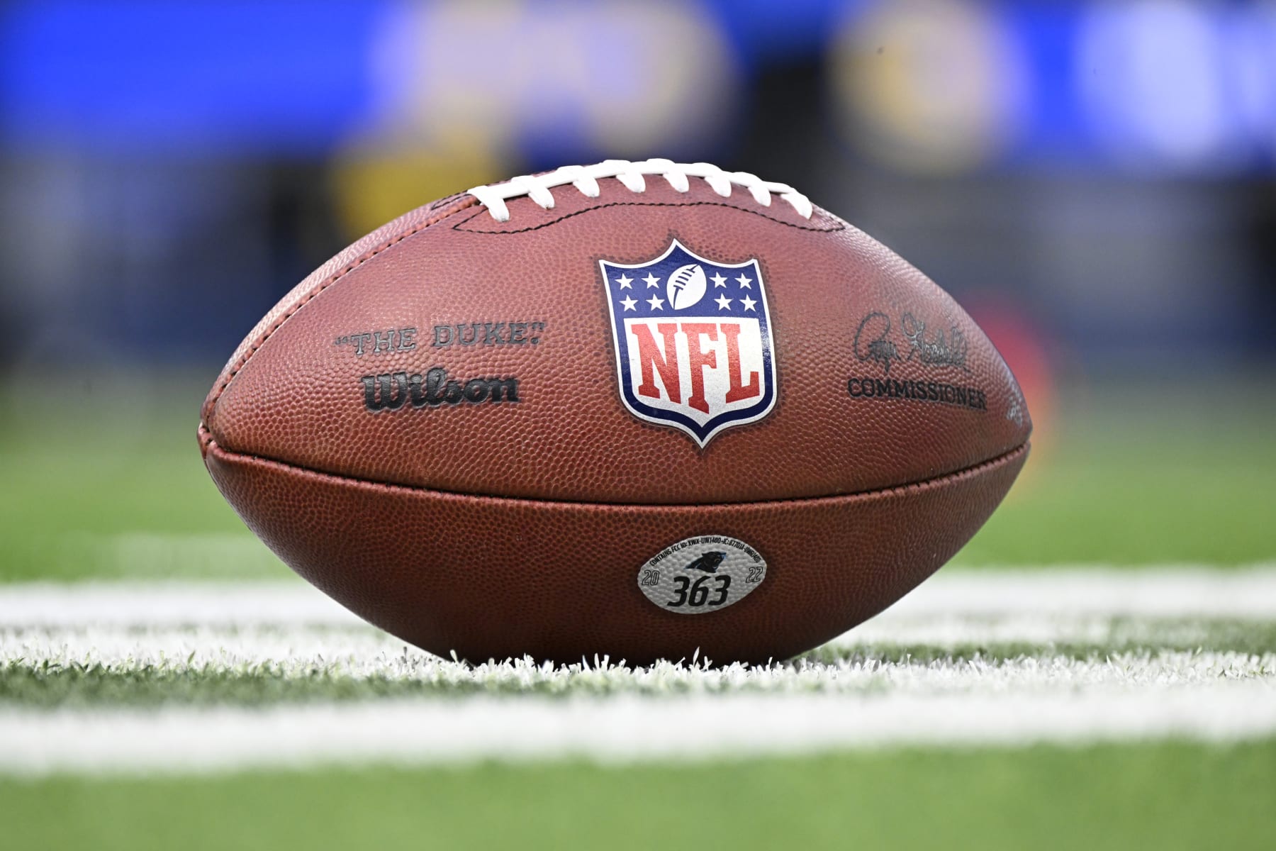 INGLEWOOD, CA - OCTOBER 16: Closeup of football with NFL logo seen before the Carolina Panthers play the Carolina Panthers at SoFi Stadium on October 16, 2022 in Inglewood, California. (Photo by John McCoy/Getty Images)