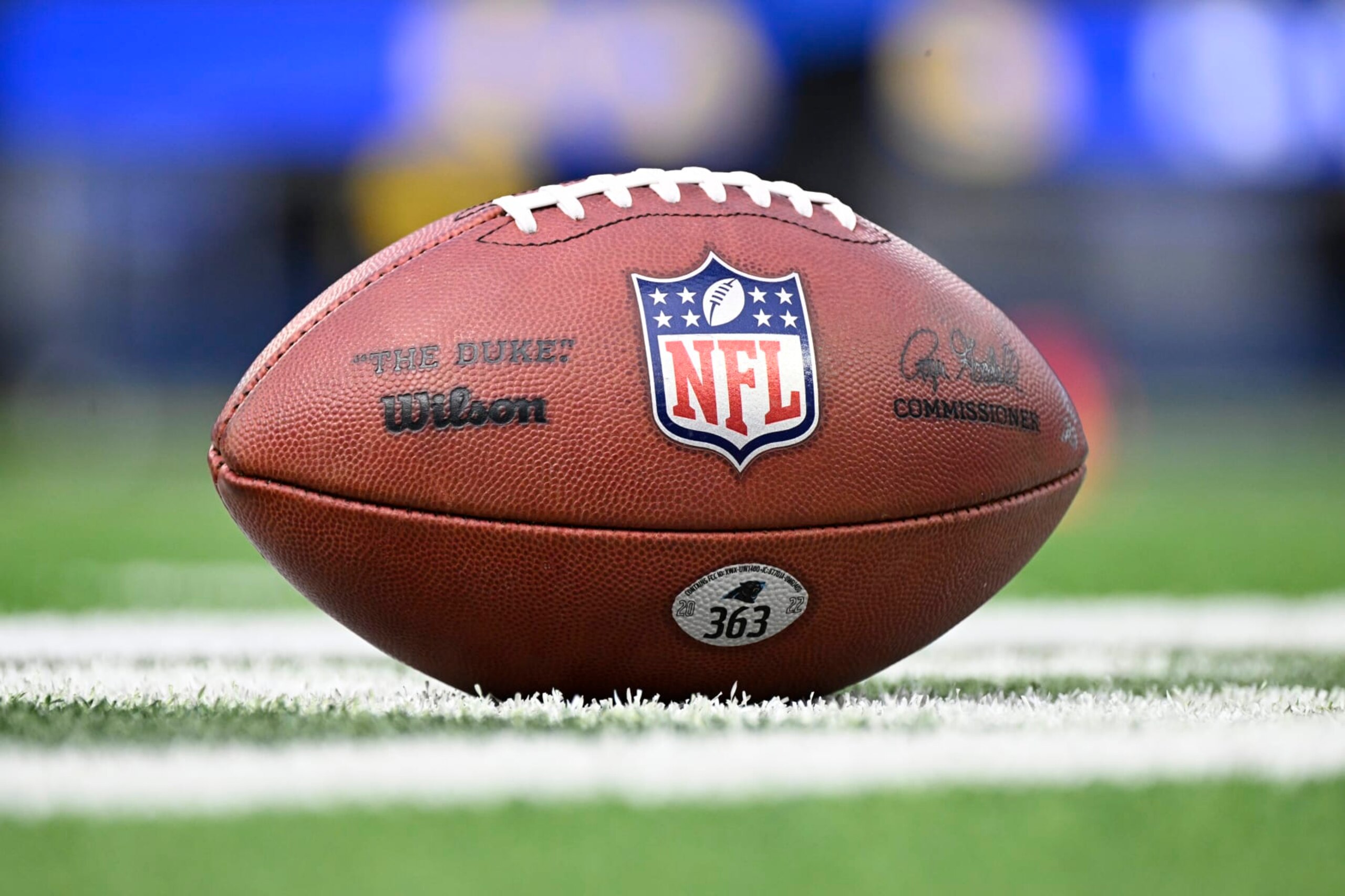 INGLEWOOD, CA - OCTOBER 16: Closeup of football with NFL logo seen before the Carolina Panthers play the Carolina Panthers at SoFi Stadium on October 16, 2022 in Inglewood, California. (Photo by John McCoy/Getty Images)