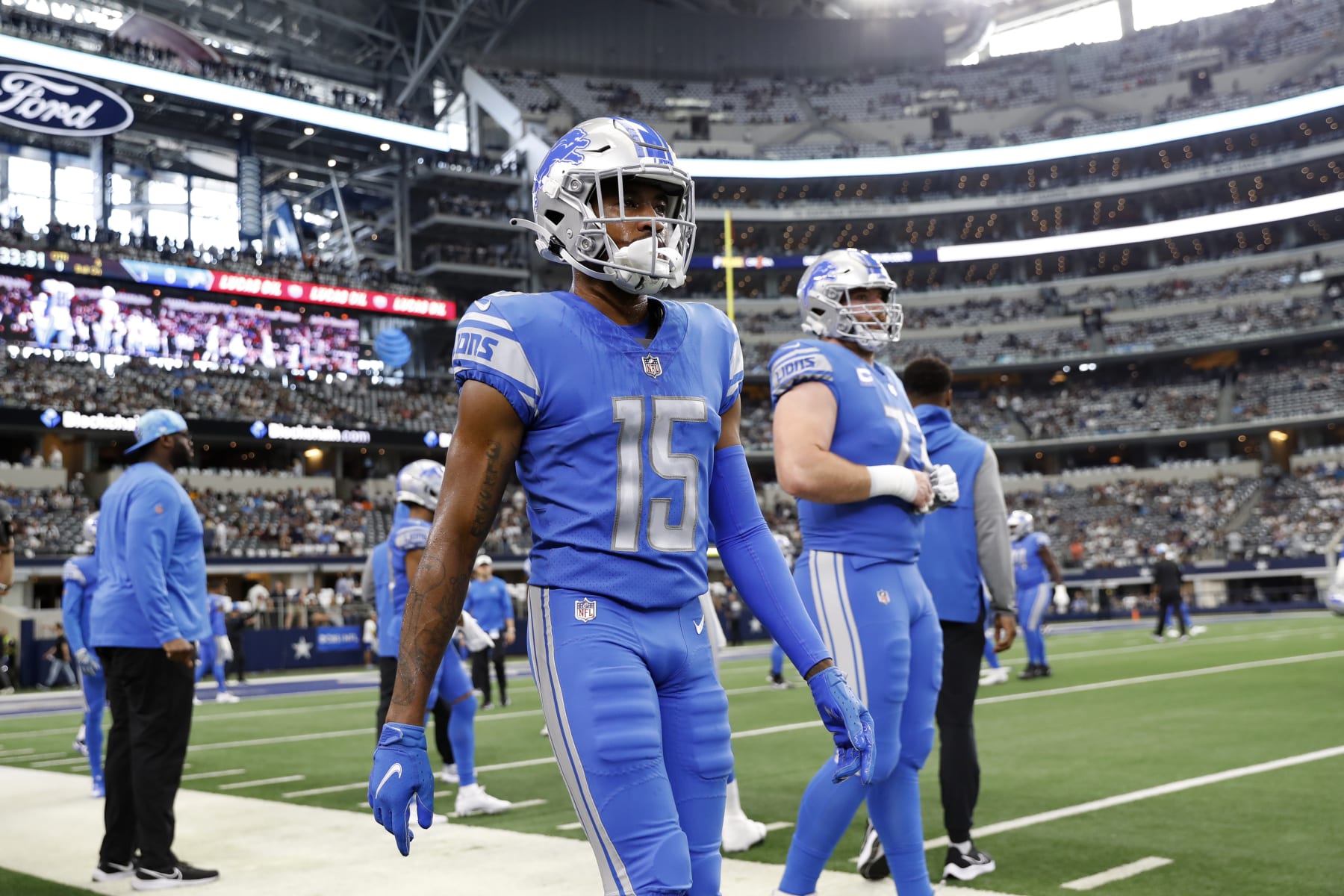 Detroit Lions wide receiver Maurice Alexander (15) walks across the field before the start of an NFL football game between the Dallas Cowboys and the Detroit Lions in Arlington, Texas, Sunday, Oct. 23, 2022. (AP Photo/Roger Steinman)