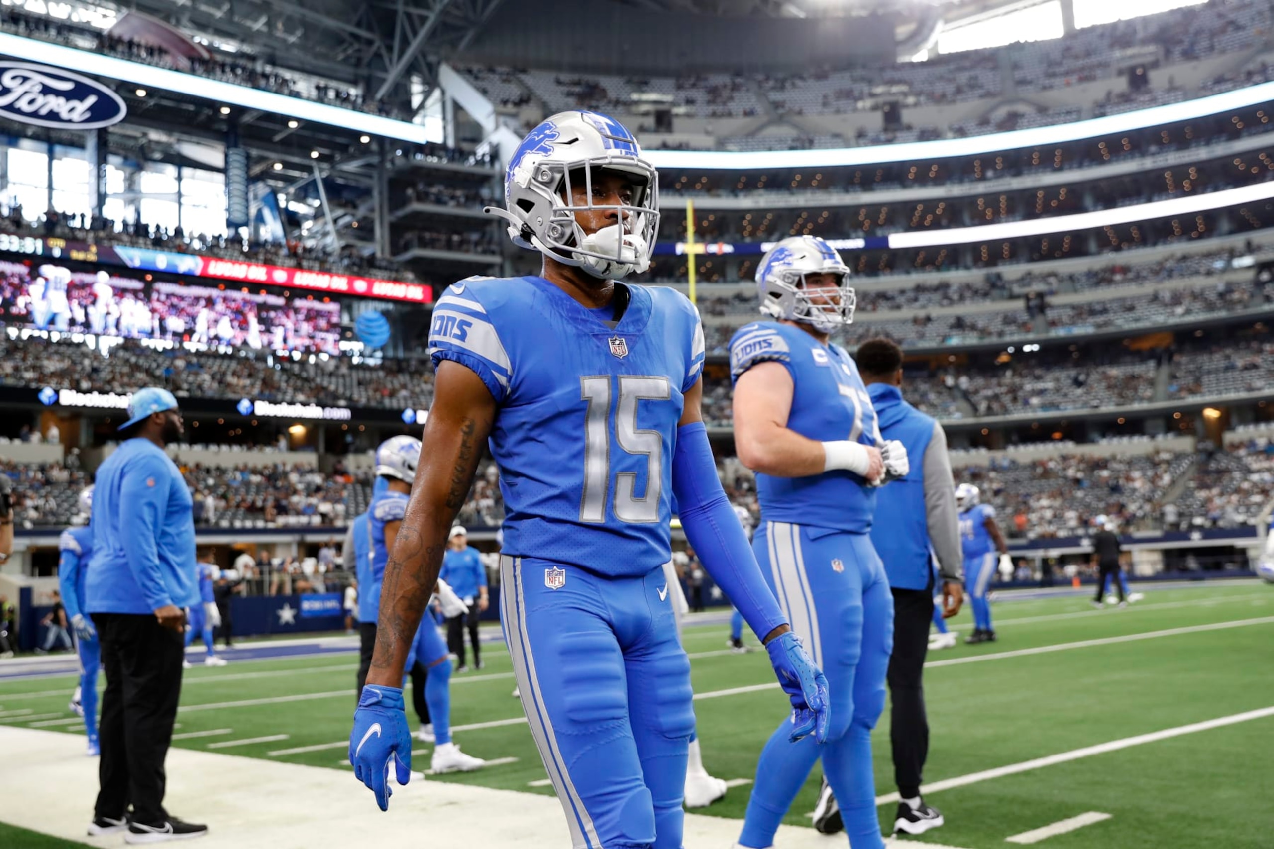 Detroit Lions wide receiver Maurice Alexander (15) walks across the field before the start of an NFL football game between the Dallas Cowboys and the Detroit Lions in Arlington, Texas, Sunday, Oct. 23, 2022. (AP Photo/Roger Steinman)