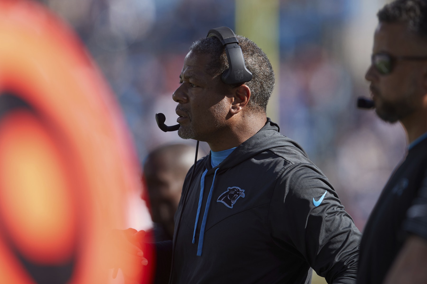 Carolina Panthers head coach Steve Wilks watches from the sideline during an NFL football game against the Tampa Bay Buccaneers, Sunday, Oct. 23, 2022, in Charlotte, N.C. (AP Photo/Brian Westerholt)