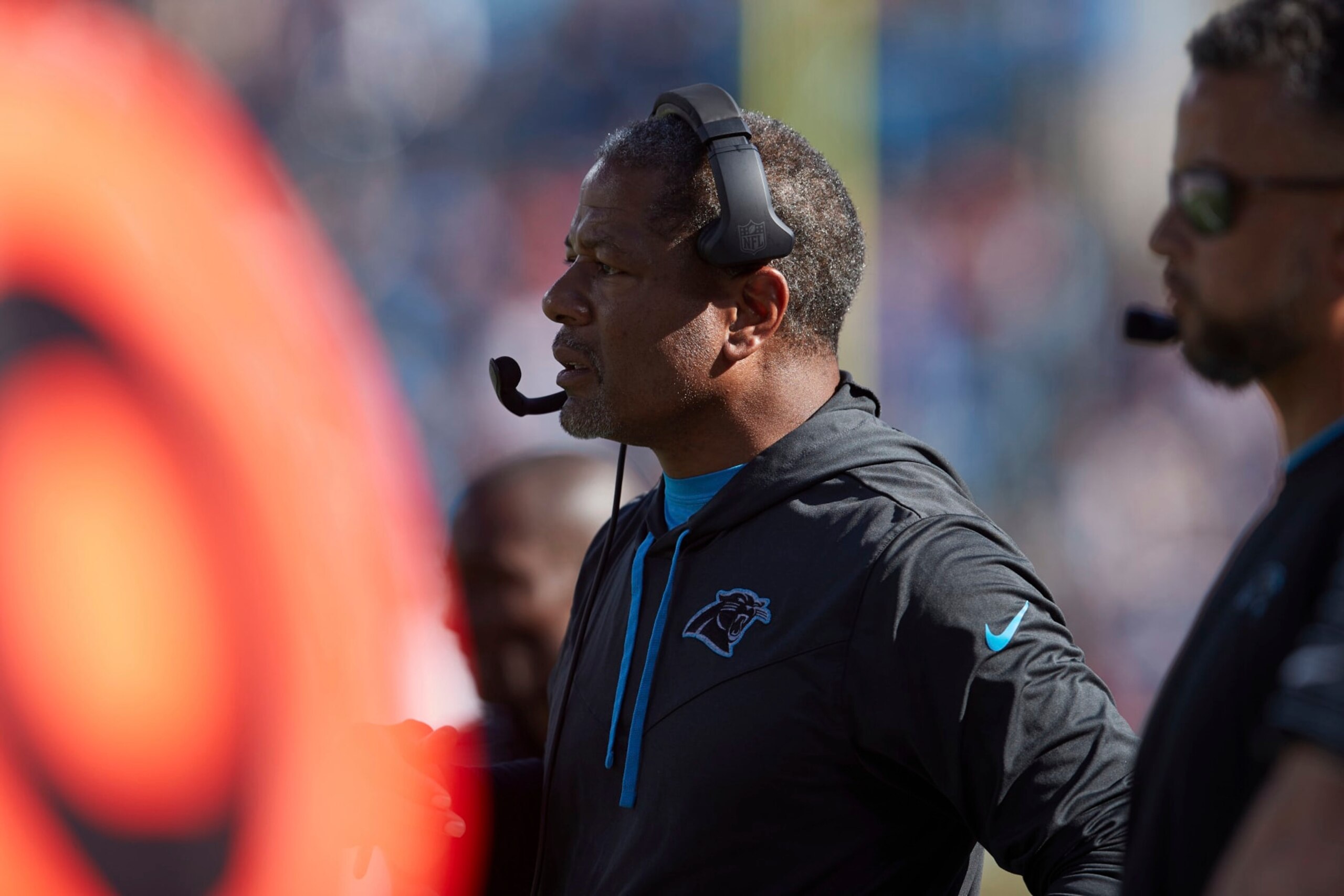 Carolina Panthers head coach Steve Wilks watches from the sideline during an NFL football game against the Tampa Bay Buccaneers, Sunday, Oct. 23, 2022, in Charlotte, N.C. (AP Photo/Brian Westerholt)