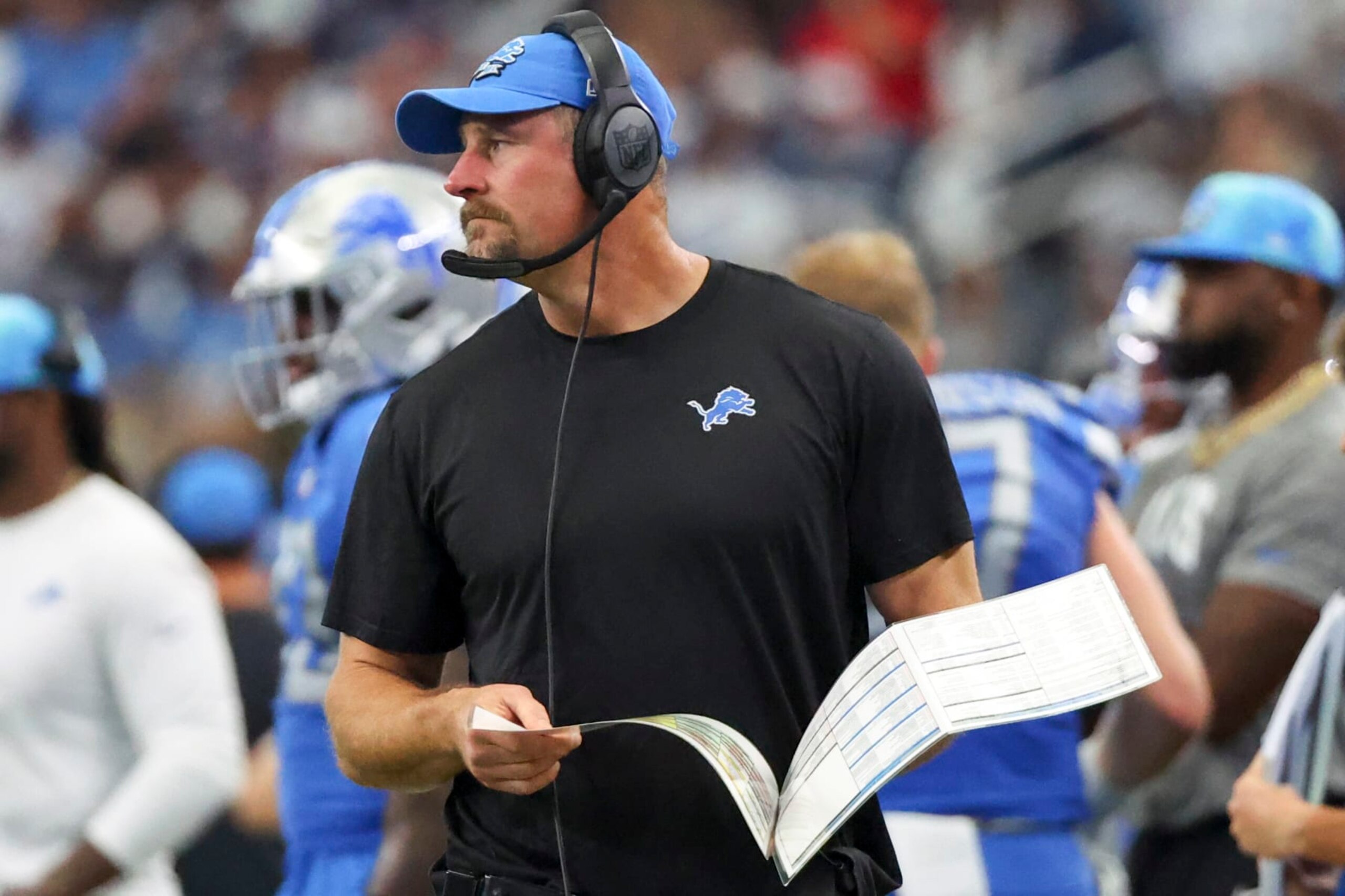 ARLINGTON, TEXAS - OCTOBER 23: Head coach Dan Campbell of the Detroit Lions looks on during the first half against the Dallas Cowboys at AT&T Stadium on October 23, 2022 in Arlington, Texas. (Photo by Richard Rodriguez/Getty Images)