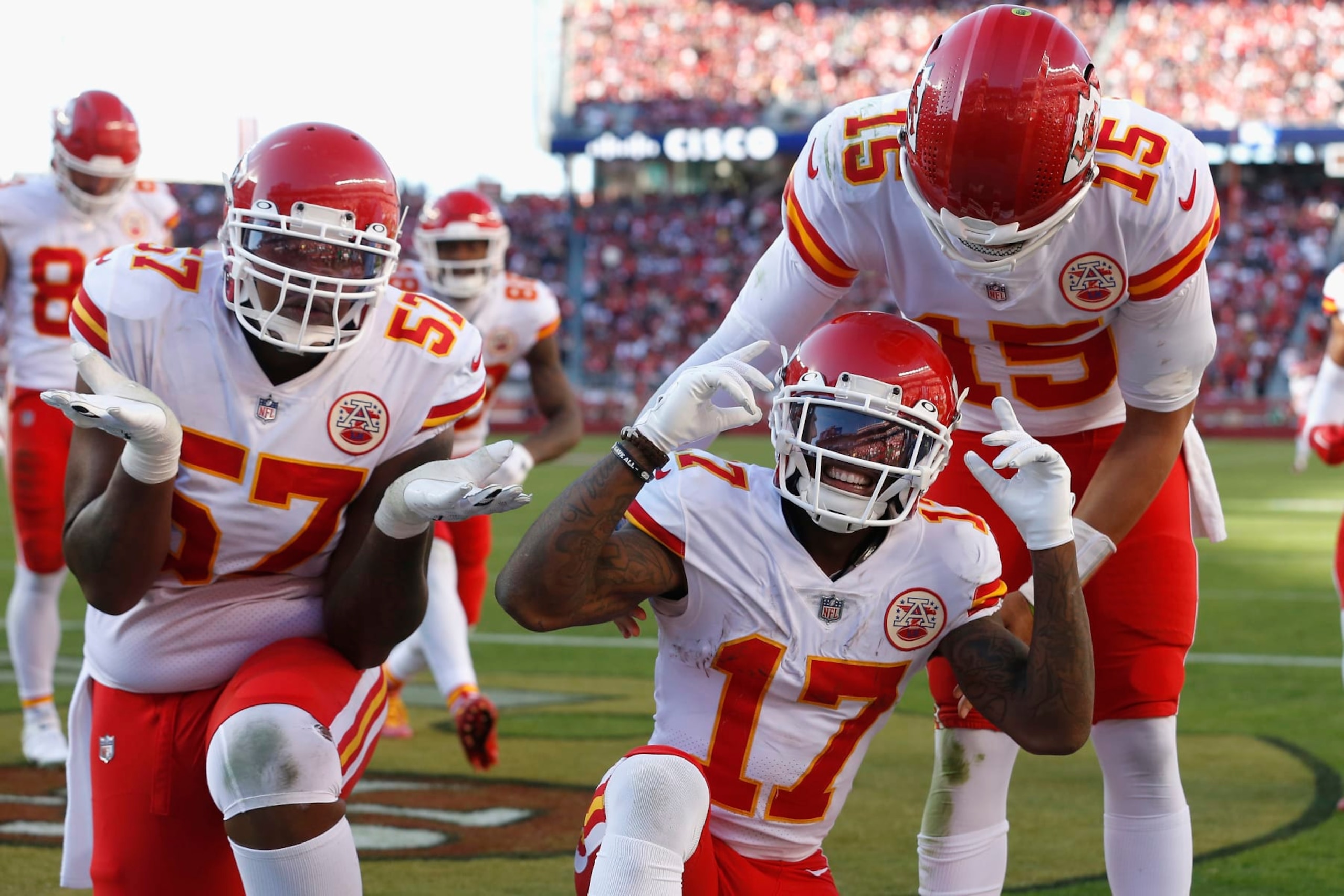 Kansas City Chiefs wide receiver Mecole Hardman (17) poses for a photo after scoring a touchdown in the fourth quarter against the San Francisco 49ers during an NFL football game, Sunday, Oct. 23, 2022 in Santa Clara, Calif. (AP Photo/Lachlan Cunningham)