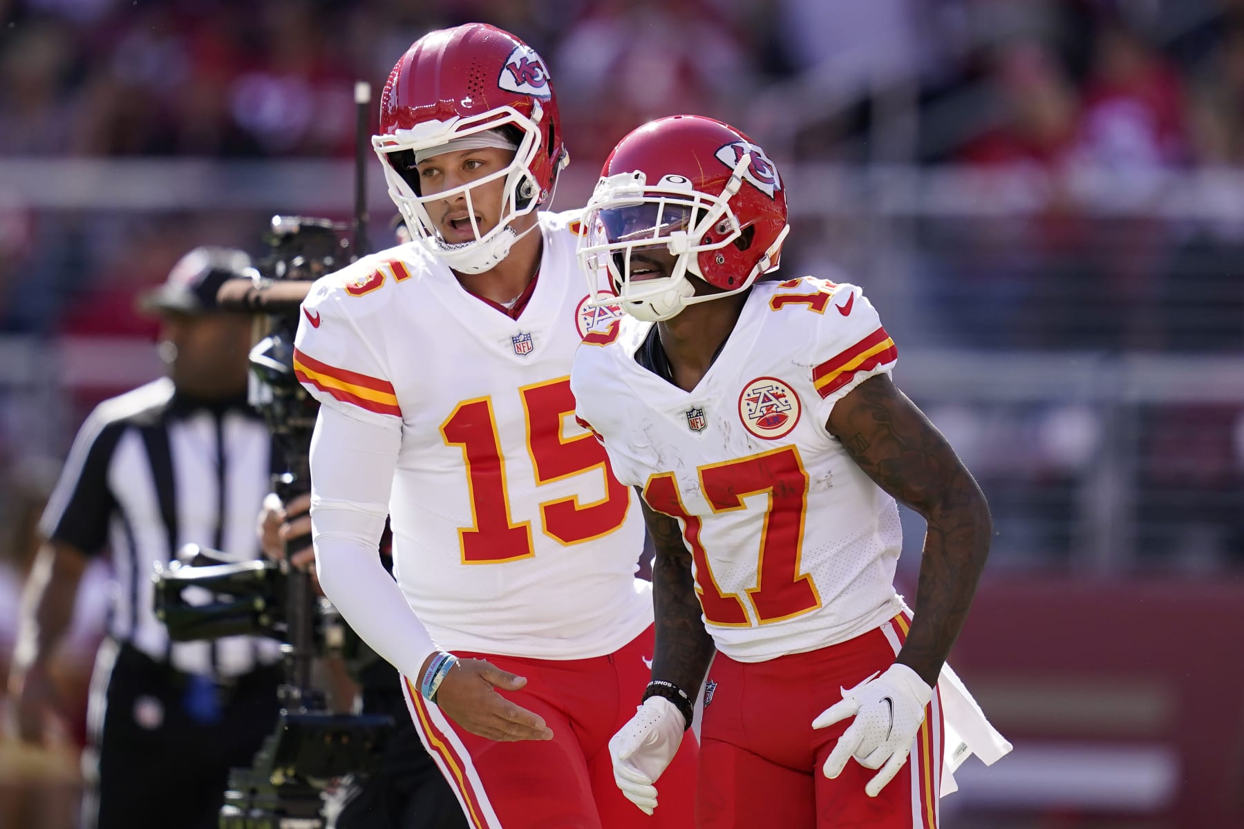Kansas City Chiefs quarterback Patrick Mahomes (15) celebrates with wide receiver Mecole Hardman (17) Hardman scored on a touchdown run during the first half of an NFL football game against the San Francisco 49ers in Santa Clara, Calif., Sunday, Oct. 23, 2022. (AP Photo/Godofredo A. Vásquez)