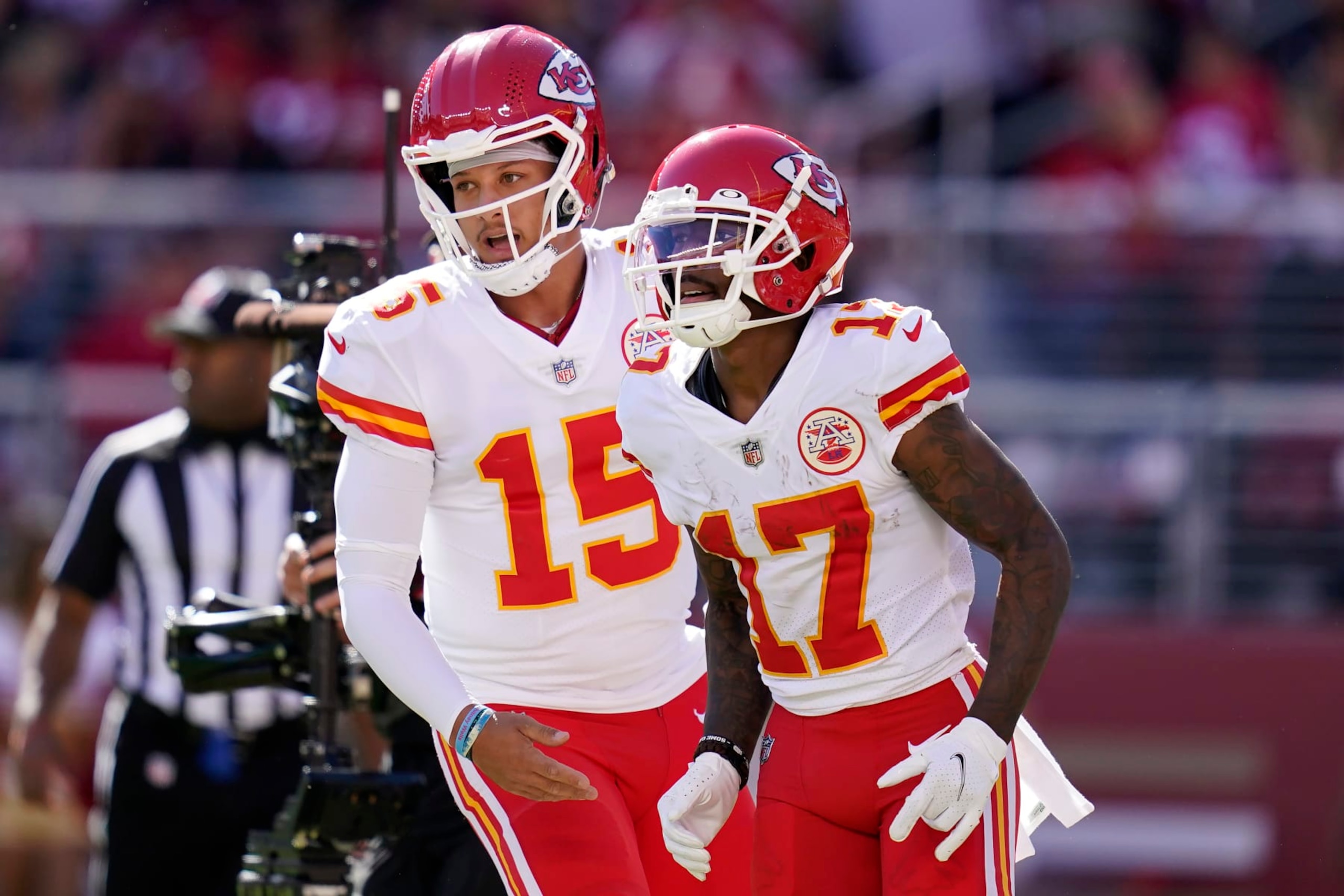 Kansas City Chiefs quarterback Patrick Mahomes (15) celebrates with wide receiver Mecole Hardman (17) Hardman scored on a touchdown run during the first half of an NFL football game against the San Francisco 49ers in Santa Clara, Calif., Sunday, Oct. 23, 2022. (AP Photo/Godofredo A. Vásquez)
