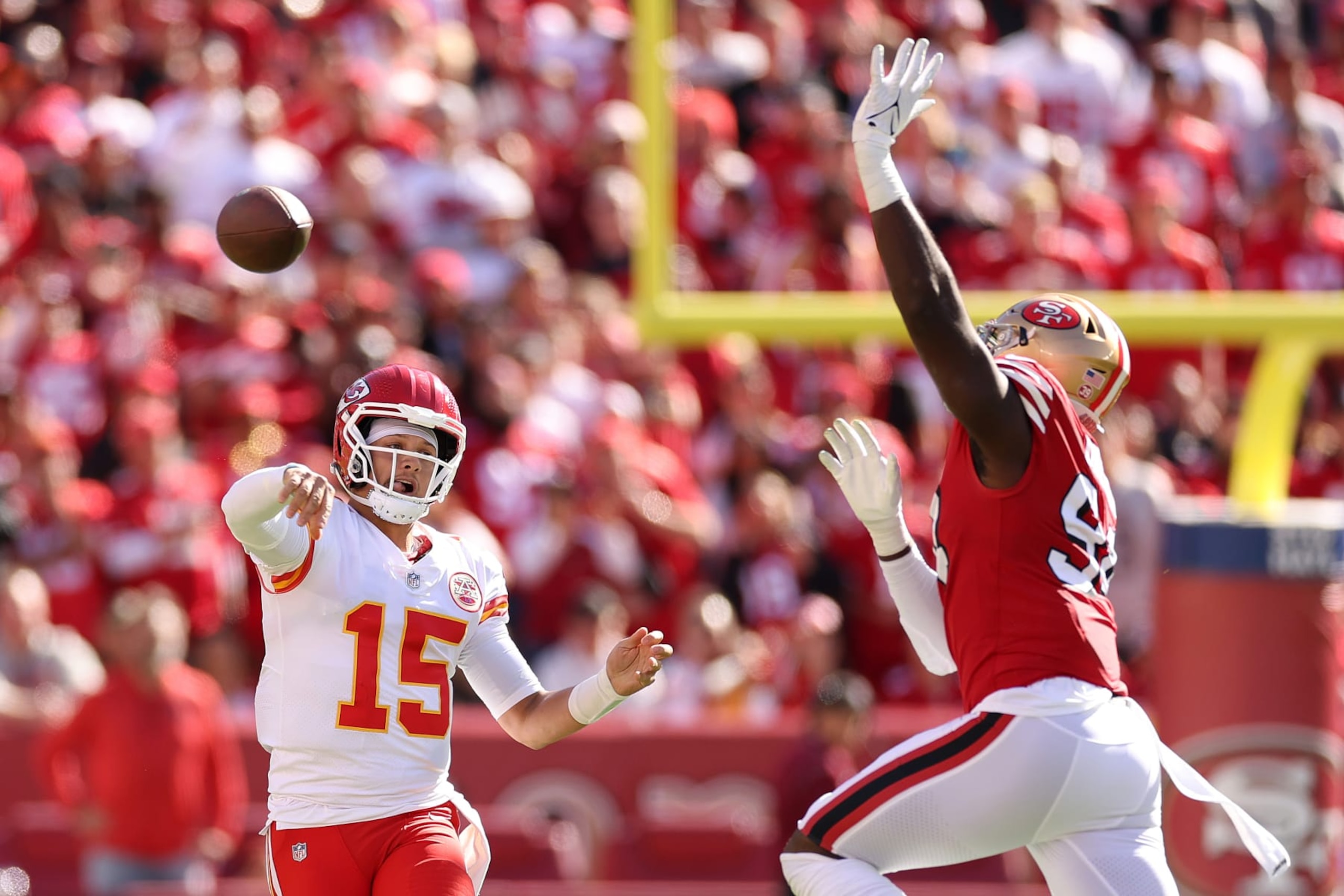 SANTA CLARA, CALIFORNIA - OCTOBER 23: Patrick Mahomes #15 of the Kansas City Chiefs throws a pass in the second quarter against the San Francisco 49ers at Levi's Stadium on October 23, 2022 in Santa Clara, California. (Photo by Ezra Shaw/Getty Images) SANTA CLARA, CALIFORNIA - OCTOBER 23: Patrick Mahomes #15 of the Kansas City Chiefs throws a pass in the second quarter against the San Francisco 49ers at Levi's Stadium on October 23, 2022 in Santa Clara, California. (Photo by Ezra Shaw/Getty Images)