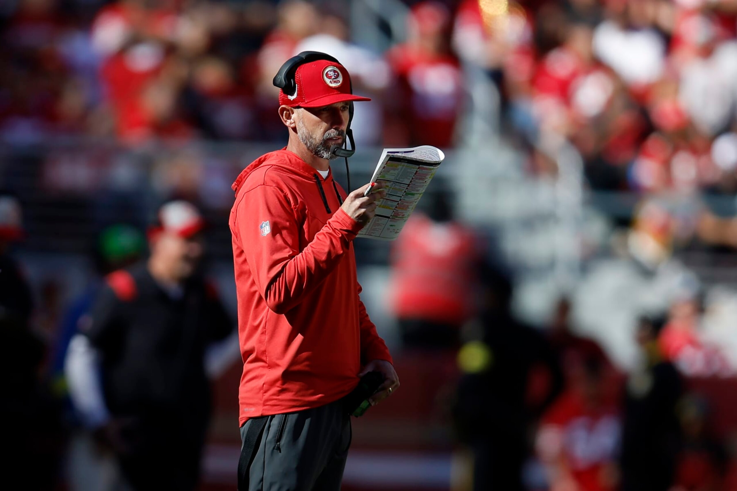 San Francisco 49ers head coach Kyle Shanahan watches from the sideline during the first half of his team's NFL football game against the Kansas City Chiefs in Santa Clara, Calif., Sunday, Oct. 23, 2022. (AP Photo/Jed Jacobsohn) San Francisco 49ers head coach Kyle Shanahan watches from the sideline during the first half of his team's NFL football game against the Kansas City Chiefs in Santa Clara, Calif., Sunday, Oct. 23, 2022. (AP Photo/Jed Jacobsohn)