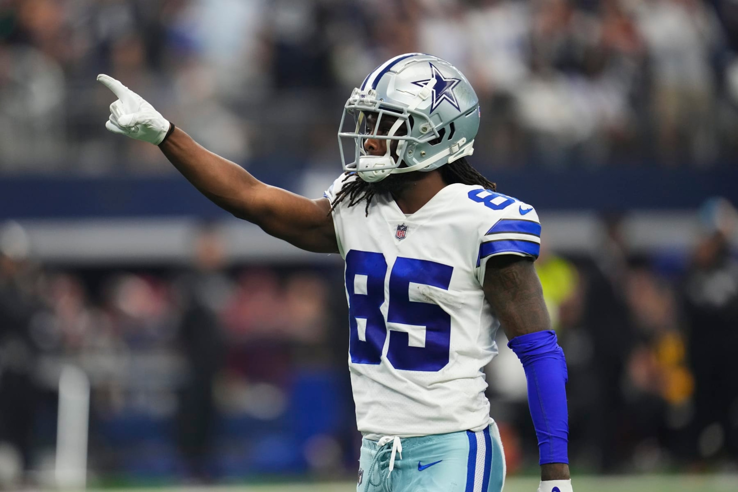 ARLINGTON, TX - OCTOBER 02: Noah Brown #85 of the Dallas Cowboys celebrates against the Washington Commanders at AT&T Stadium on October 2, 2022 in Arlington, Texas. (Photo by Cooper Neill/Getty Images)