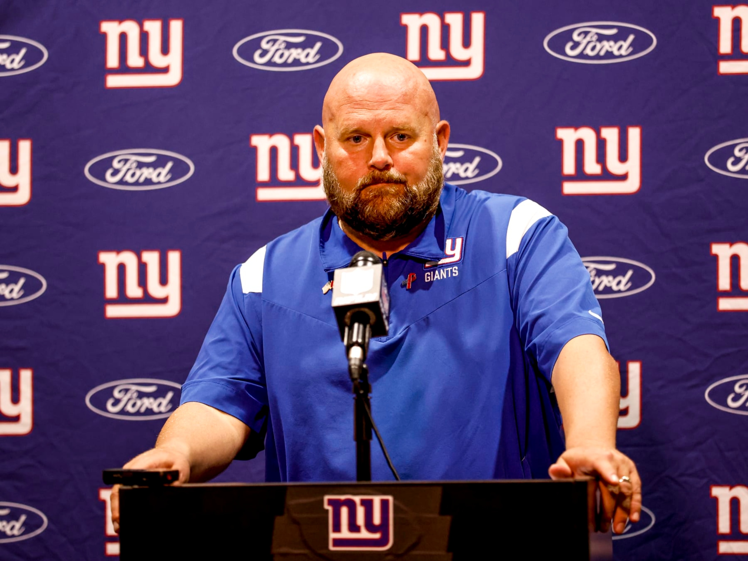 JACKSONVILLE, FL - OCTOBER 23: Head Coach Brian Daboll of the New York Giants talk with the media during the post game press conference after the game against the Jacksonville Jaguars at TIAA Bank Field on October 23, 2022 in Jacksonville, Florida. The Giants defeated the Jaguars 23 to 17. (Photo by Don Juan Moore/Getty Images)