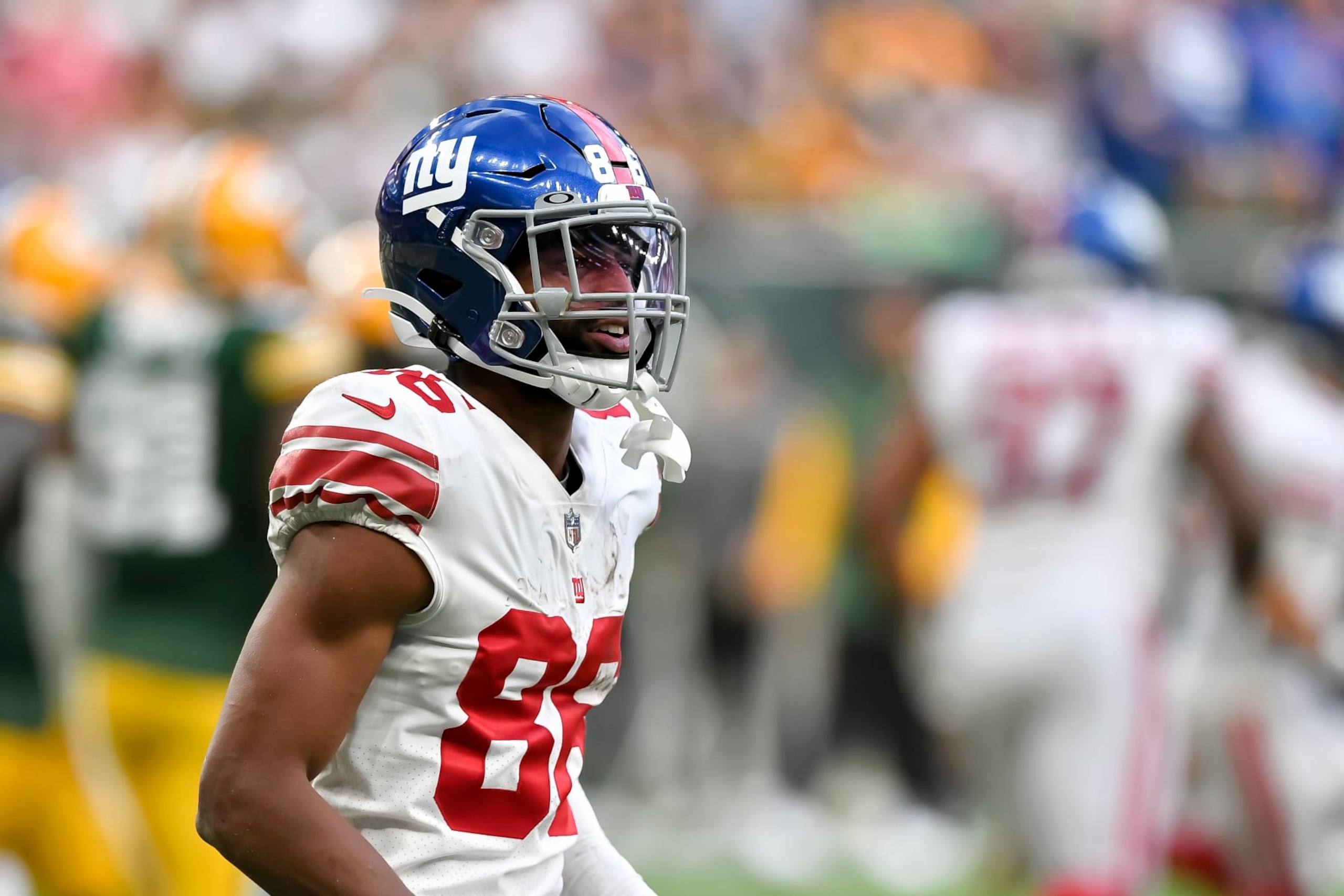 LONDON, ENGLAND - OCTOBER 09: Darius Slayton of New York Giants celebrates after winning after the NFL match between New York Giants and Green Bay Packers at Tottenham Hotspur Stadium on October 9, 2022 in London, England. (Photo by Vincent Mignott/DeFodi Images via Getty Images)