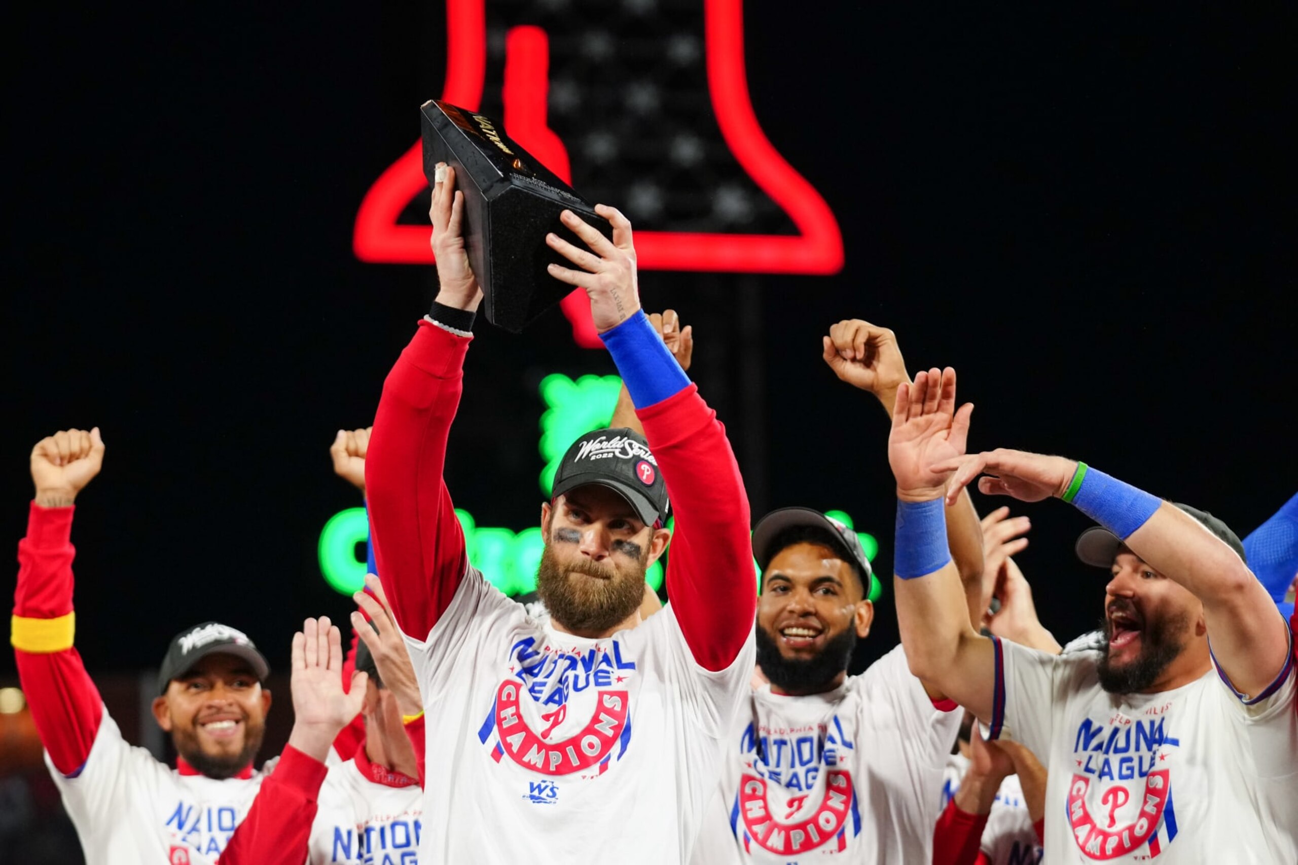 PHILADELPHIA, PA - OCTOBER 23: Bryce Harper #3 of the Philadelphia Phillies hoists the 2022 National League Championship Series Most Valuable Player trophy on the podium after taking Game 5 and winning the NLCS against the San Diego Padres at Citizens Bank Park on Sunday, October 23, 2022 in Philadelphia, Pennsylvania. (Photo by Rob Tringali/MLB Photos via Getty Images) PHILADELPHIA, PA - OCTOBER 23: Bryce Harper #3 of the Philadelphia Phillies hoists the 2022 National League Championship Series Most Valuable Player trophy on the podium after taking Game 5 and winning the NLCS against the San Diego Padres at Citizens Bank Park on Sunday, October 23, 2022 in Philadelphia, Pennsylvania. (Photo by Rob Tringali/MLB Photos via Getty Images)