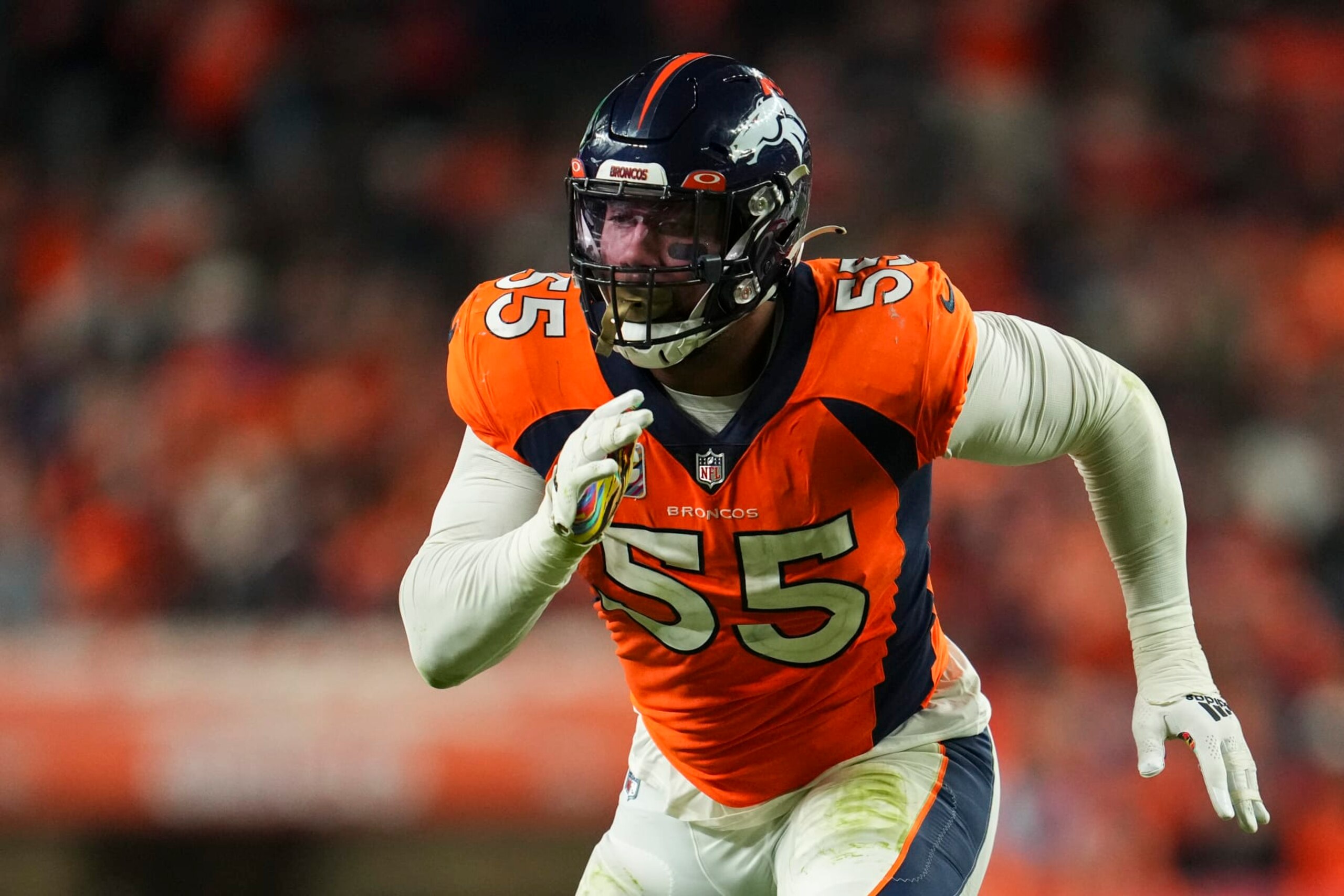 DENVER, CO - OCTOBER 06: Bradley Chubb #55 of the Denver Broncos defends against the Indianapolis Colts at Empower Field at Mile High on October 6, 2022 in Denver, Texas. (Photo by Cooper Neill/Getty Images)