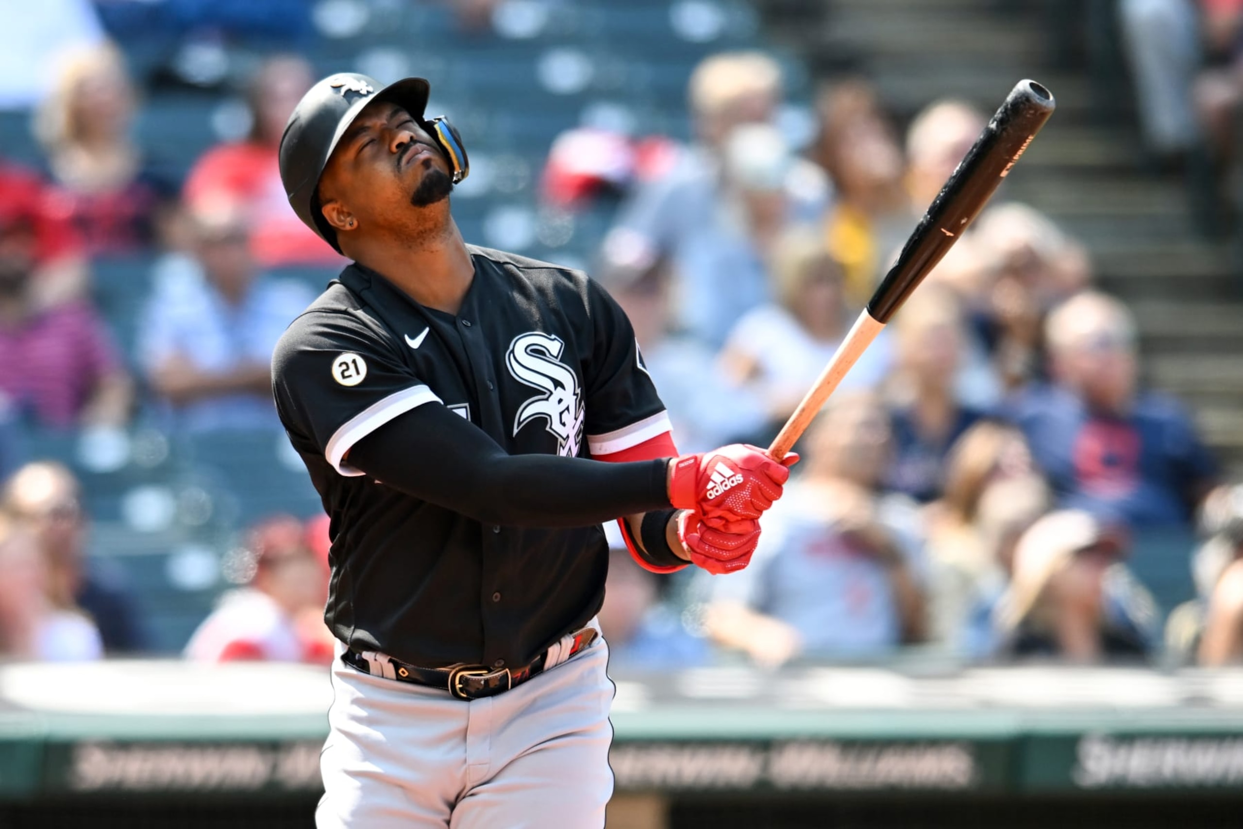 CLEVELAND, OH - SEPTEMBER 15: Eloy Jiménez #74 of the Chicago White Sox reacts after flying out during the third inning against the Cleveland Guardians at Progressive Field on September 15, 2022 in Cleveland, Ohio. (Photo by Nick Cammett/Diamond Images via Getty Images)