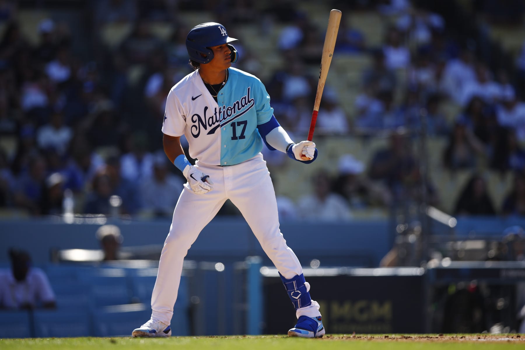 LOS ANGELES, CALIFORNIA - JULY 16: Diego Cartaya #17 of the National League at bat during the SiriusXM All-Star Futures Game at Dodger Stadium on July 16, 2022 in Los Angeles, California. (Photo by Ronald Martinez/Getty Images)