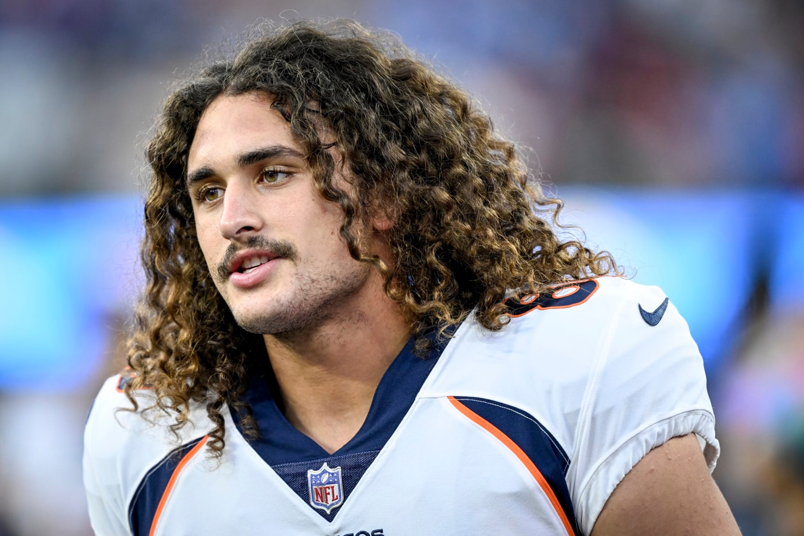 INGLEWOOD, CA  - OCTOBER 17: Greg Dulcich (80) of the Denver Broncos stands on the field during the first quarter against the Los Angeles Chargers at SoFi Stadium in Inglewood, California on Monday, October 17, 2022. (Photo by AAron Ontiveroz/MediaNews Group/The Denver Post via Getty Images)