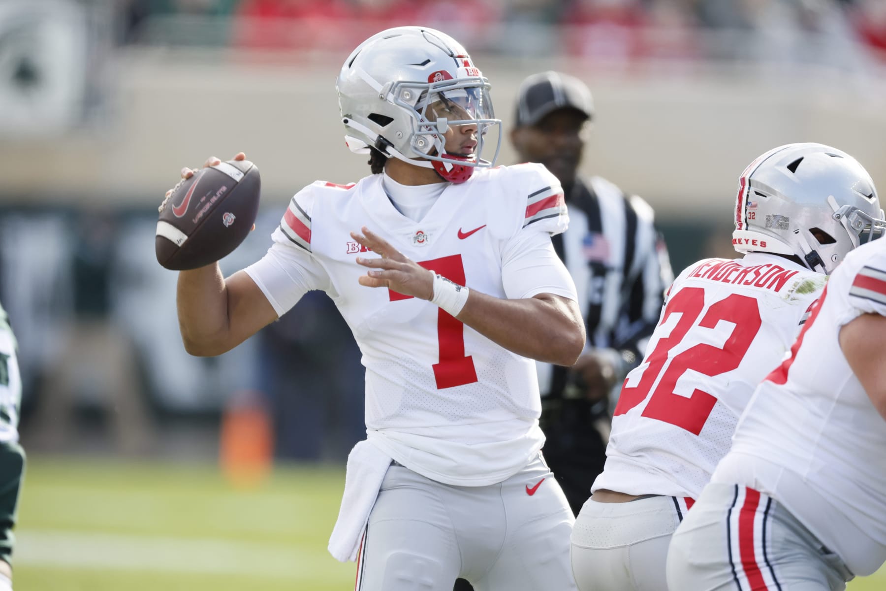 College Football: Ohio State quarterback C.J. Stroud (7) in action, throwing vs Michigan State during a game played at Spartan Stadium
East Lansing, MI 10/8/2022 
CREDIT: David E. Klutho (Photo by David E. Klutho/Sports Illustrated via Getty Images) 
(Set Number: X164186 TK1)