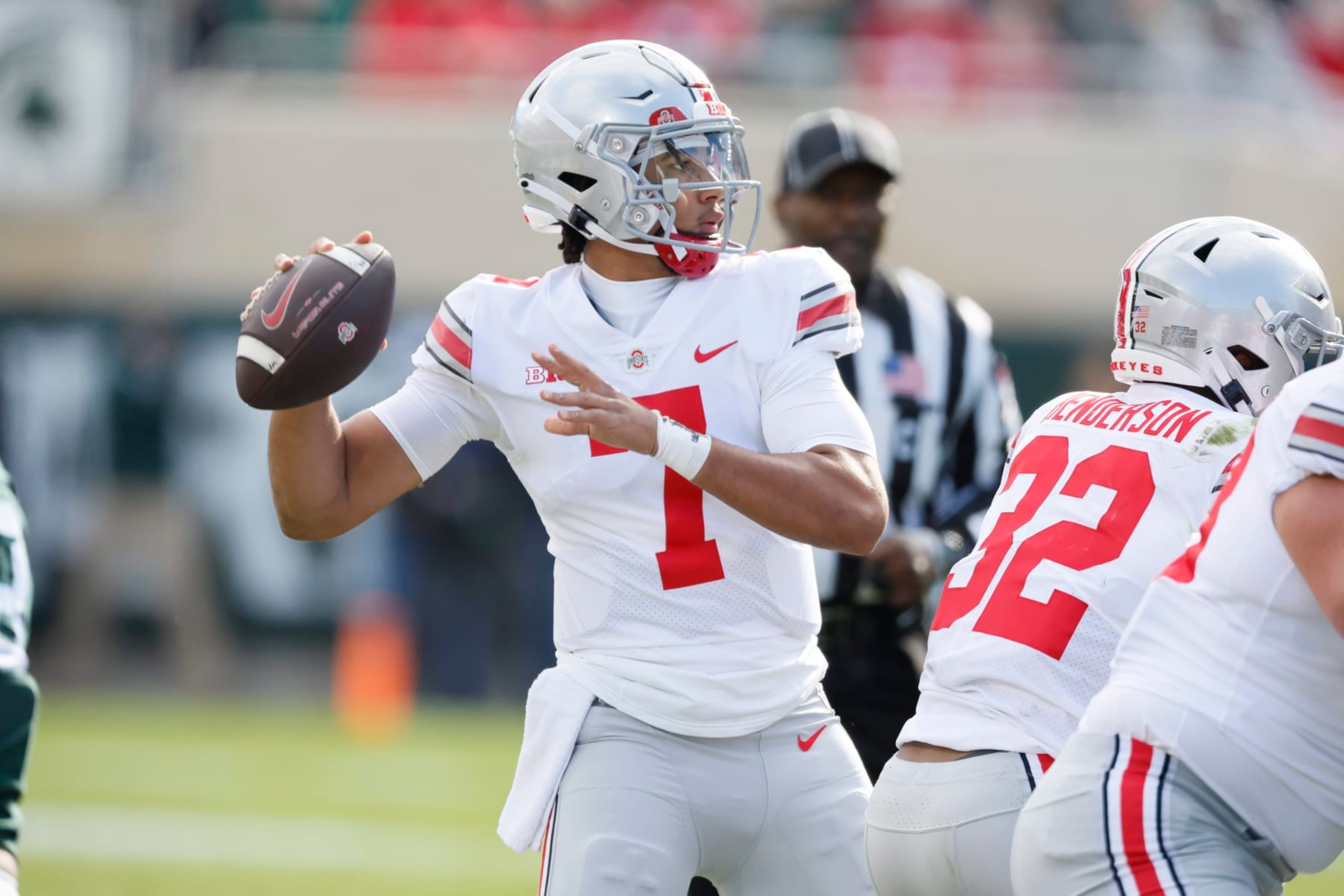 College Football: Ohio State quarterback C.J. Stroud (7) in action, throwing vs Michigan State during a game played at Spartan Stadium
East Lansing, MI 10/8/2022 
CREDIT: David E. Klutho (Photo by David E. Klutho/Sports Illustrated via Getty Images) 
(Set Number: X164186 TK1)