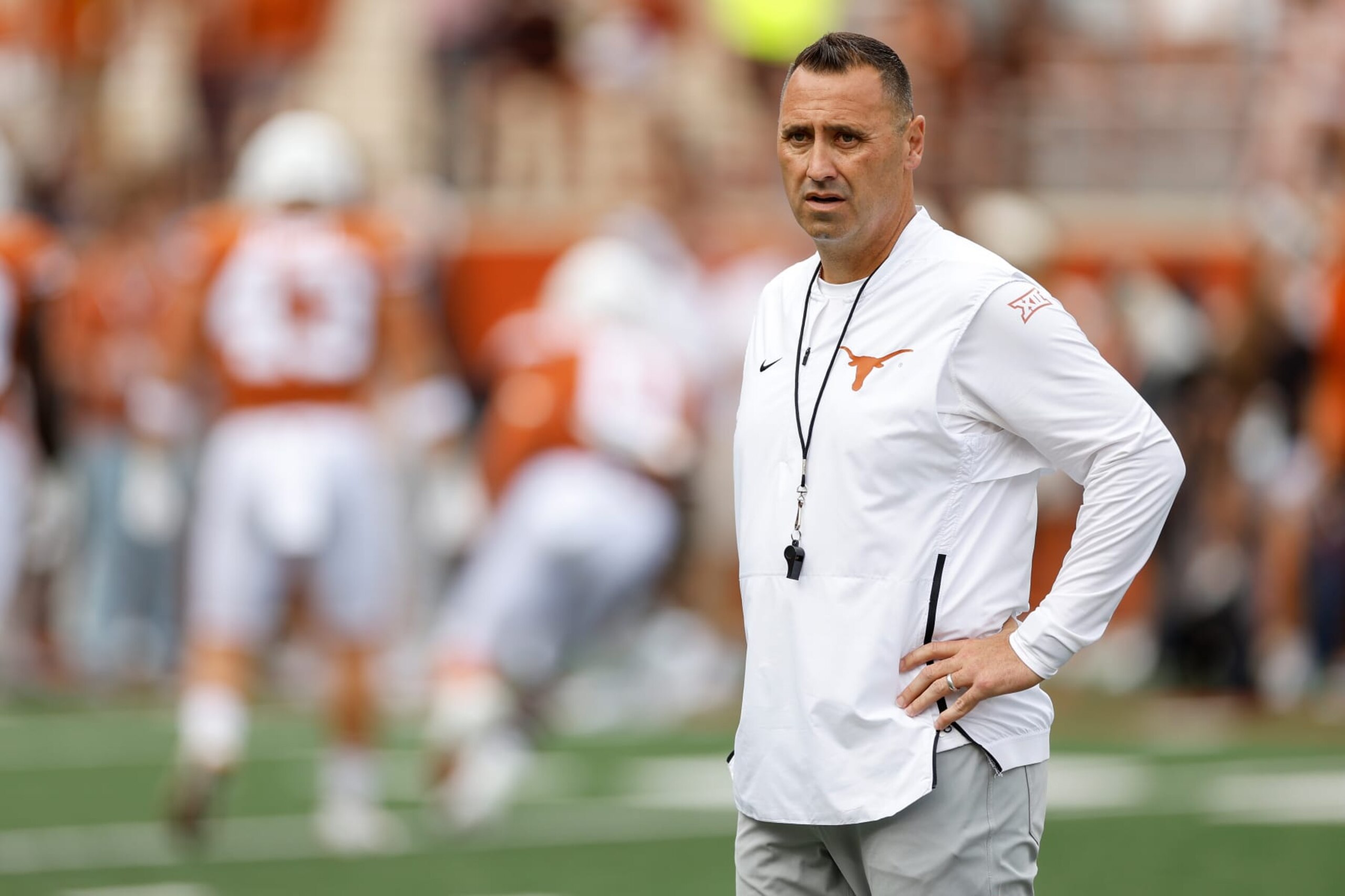 AUSTIN, TEXAS - OCTOBER 15: Head coach Steve Sarkisian of the Texas Longhorns watches players warm up before the game against the Iowa State Cyclones at Darrell K Royal-Texas Memorial Stadium on October 15, 2022 in Austin, Texas. (Photo by Tim Warner/Getty Images)