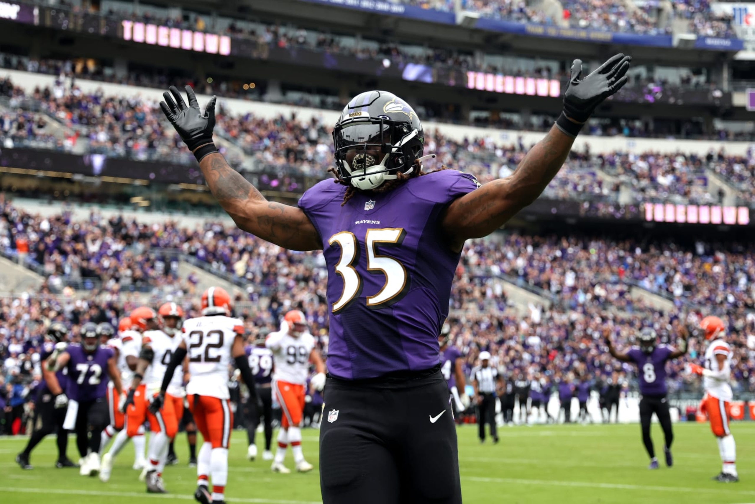 BALTIMORE, MARYLAND - OCTOBER 23: Gus Edwards #35 of the Baltimore Ravens celebrates after scoring a touchdown during the second quarter of the game against the Cleveland Browns at M&T Bank Stadium on October 23, 2022 in Baltimore, Maryland. (Photo by Rob Carr/Getty Images)