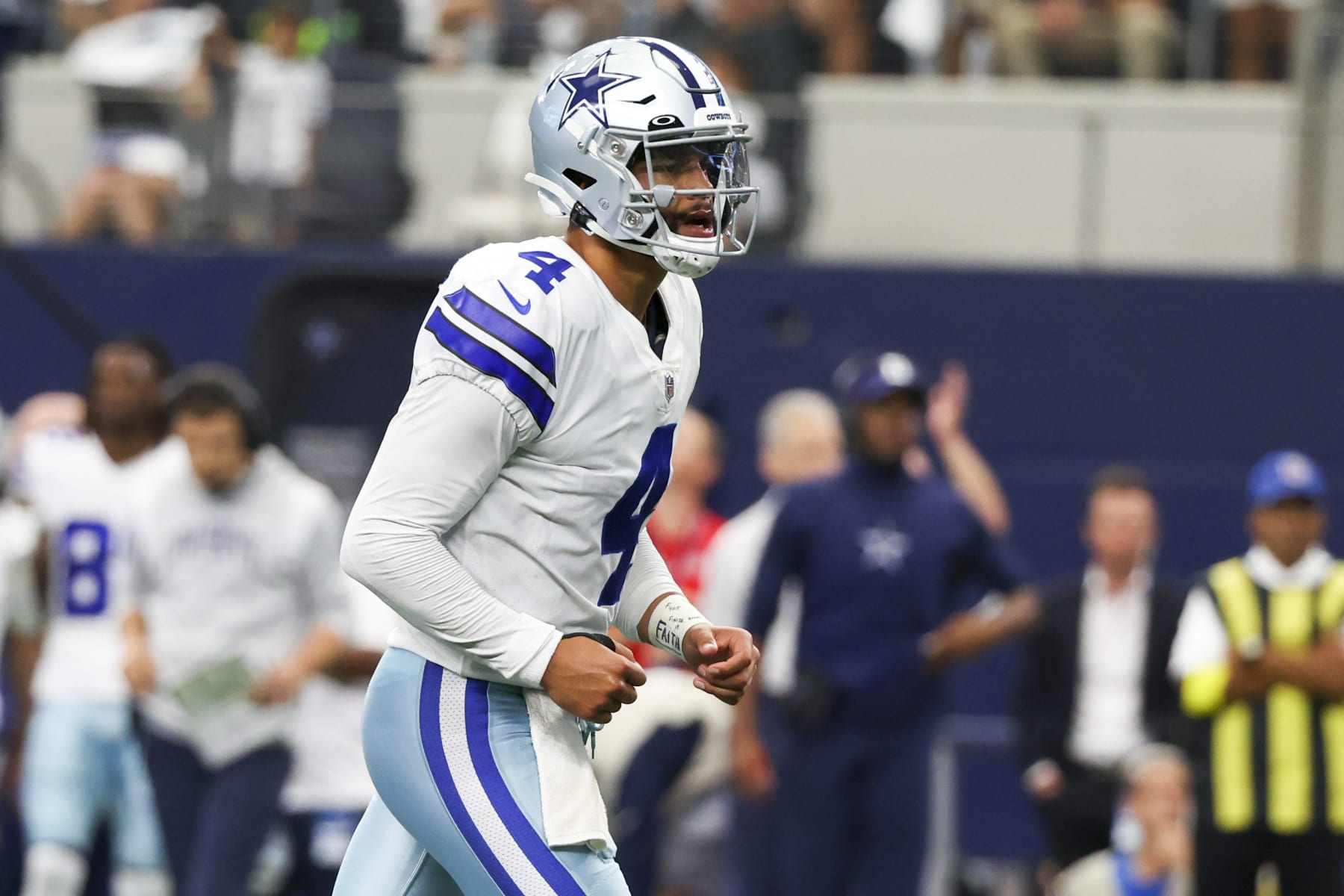 ARLINGTON, TEXAS - OCTOBER 23: Dak Prescott #4 of the Dallas Cowboys reacts after a touchdown against the Detroit Lions during the third quarter at AT&T Stadium on October 23, 2022 in Arlington, Texas. (Photo by Richard Rodriguez/Getty Images)