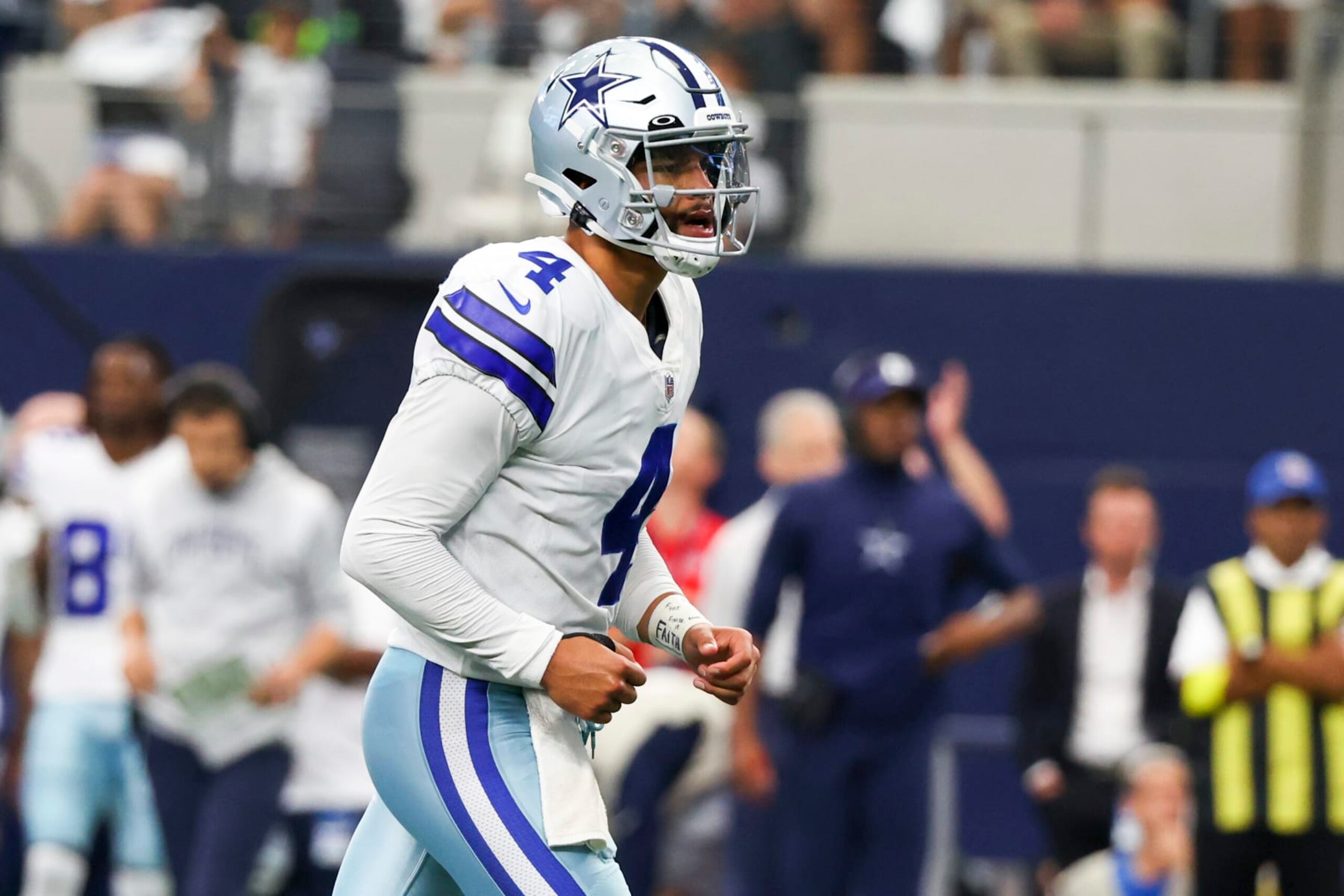 ARLINGTON, TEXAS - OCTOBER 23: Dak Prescott #4 of the Dallas Cowboys reacts after a touchdown against the Detroit Lions during the third quarter at AT&T Stadium on October 23, 2022 in Arlington, Texas. (Photo by Richard Rodriguez/Getty Images)