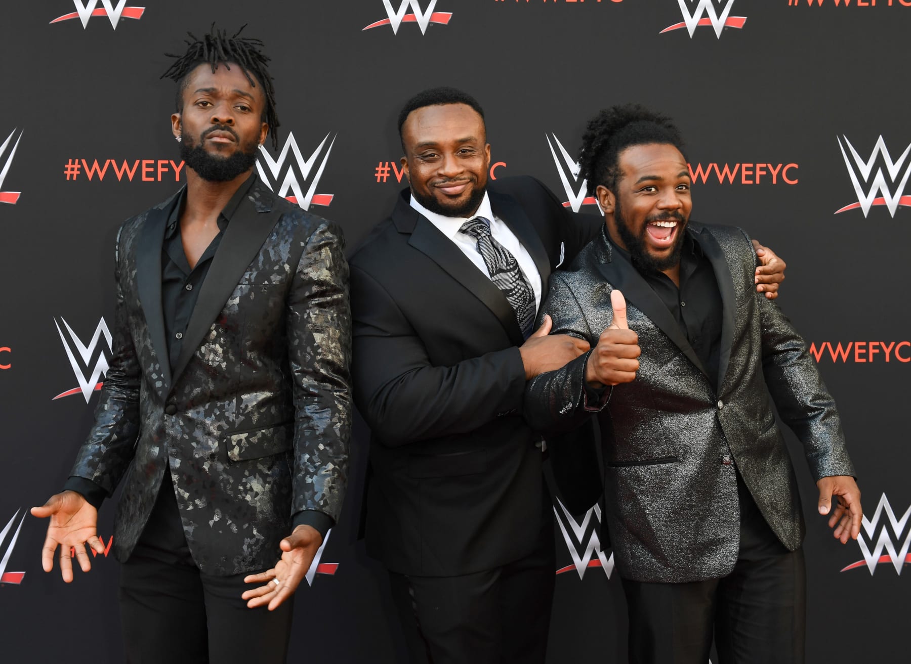 Wrestlers Kofi Kingston (L), Big E (C) and Xavier Woods (R) of "The New Day" arrive at the first-ever WWE Emmy For Your Consideration event at the TV Academy  Saban Media Center, in North Hollywood (near Los Angeles), on June 6, 2018 (Photo by VALERIE MACON / AFP)        (Photo credit should read VALERIE MACON/AFP via Getty Images)