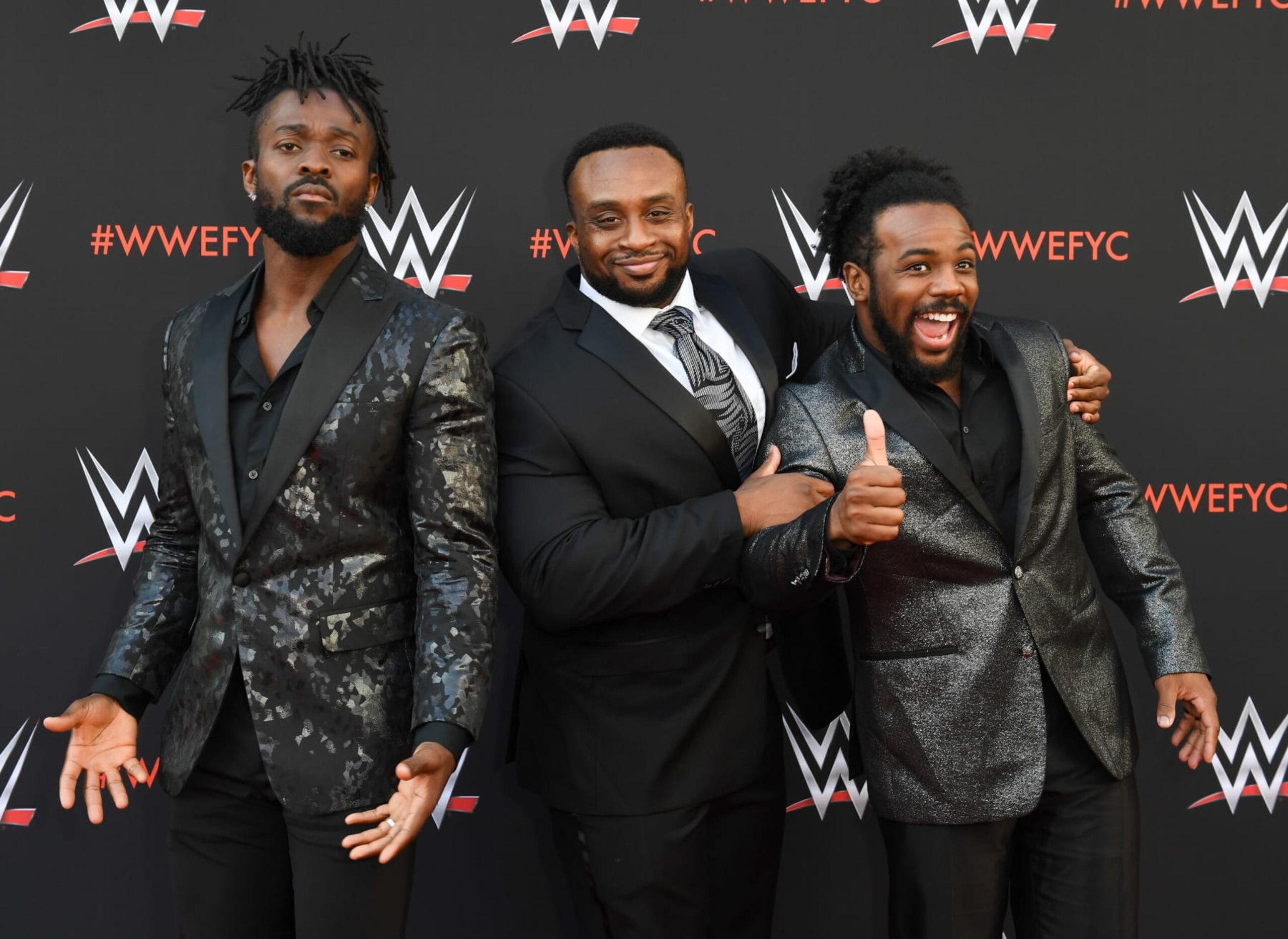 Wrestlers Kofi Kingston (L), Big E (C) and Xavier Woods (R) of "The New Day" arrive at the first-ever WWE Emmy For Your Consideration event at the TV Academy Saban Media Center, in North Hollywood (near Los Angeles), on June 6, 2018 (Photo by VALERIE MACON / AFP) (Photo credit should read VALERIE MACON/AFP via Getty Images) Wrestlers Kofi Kingston (L), Big E (C) and Xavier Woods (R) of "The New Day" arrive at the first-ever WWE Emmy For Your Consideration event at the TV Academy Saban Media Center, in North Hollywood (near Los Angeles), on June 6, 2018 (Photo by VALERIE MACON / AFP) (Photo credit should read VALERIE MACON/AFP via Getty Images)