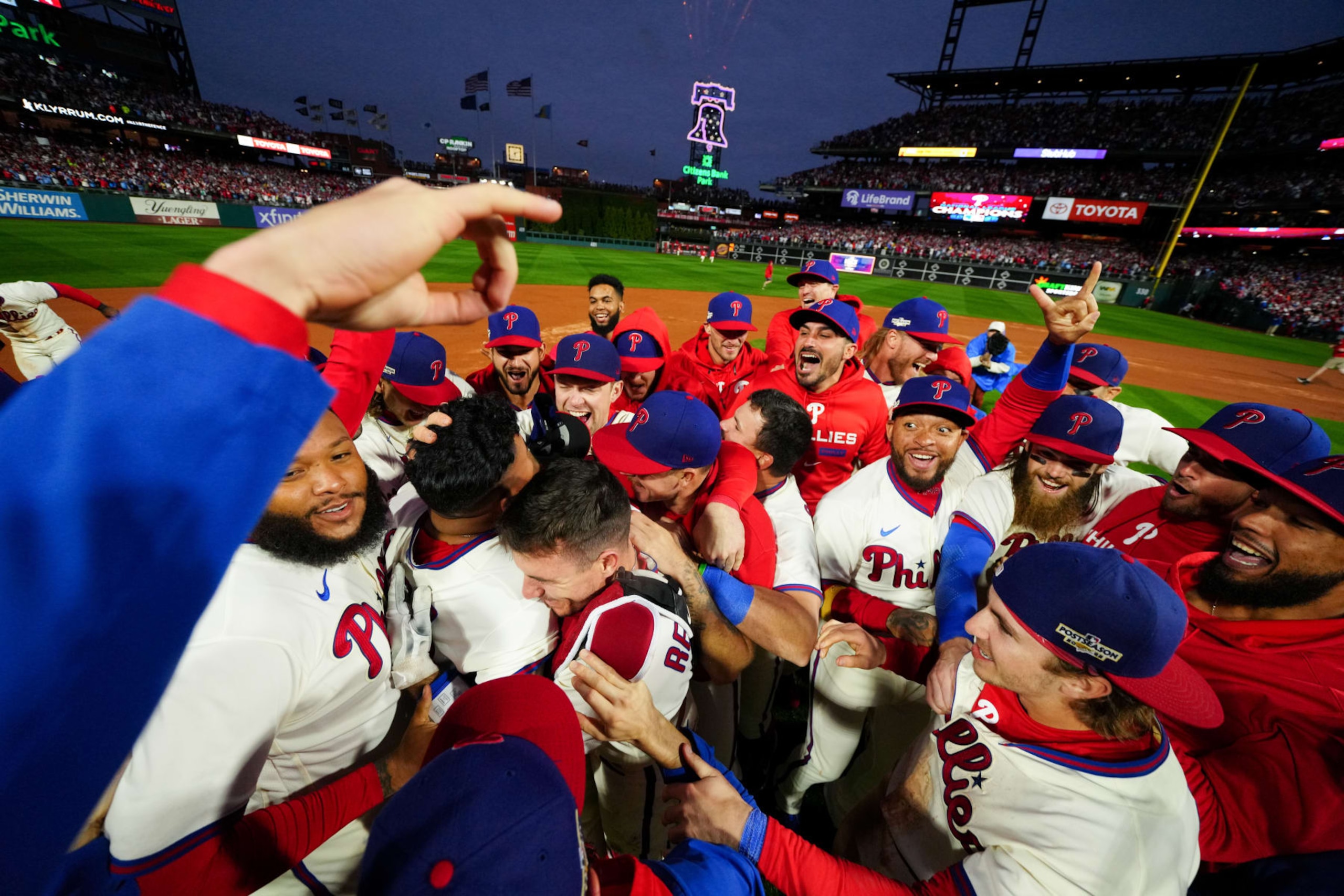 PHILADELPHIA, PA - OCTOBER 23: Members of the Philadelphia Phillies celebrate after taking Game 5 and winning the NLCS against the San Diego Padres at Citizens Bank Park on Sunday, October 23, 2022 in Philadelphia, Pennsylvania. (Photo by Rob Tringali/MLB Photos via Getty Images) PHILADELPHIA, PA - OCTOBER 23: Members of the Philadelphia Phillies celebrate after taking Game 5 and winning the NLCS against the San Diego Padres at Citizens Bank Park on Sunday, October 23, 2022 in Philadelphia, Pennsylvania. (Photo by Rob Tringali/MLB Photos via Getty Images)